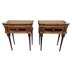 Pair of Mid-Century Italian Art Deco Nightstands Bedside Tables Walnut Glass Top
