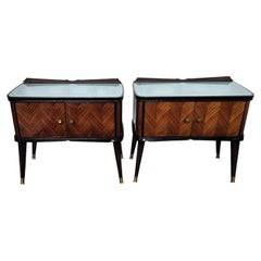 Pair of Mid-Century Italian Art Deco Nightstands Bedside Tables Walnut Glass Top