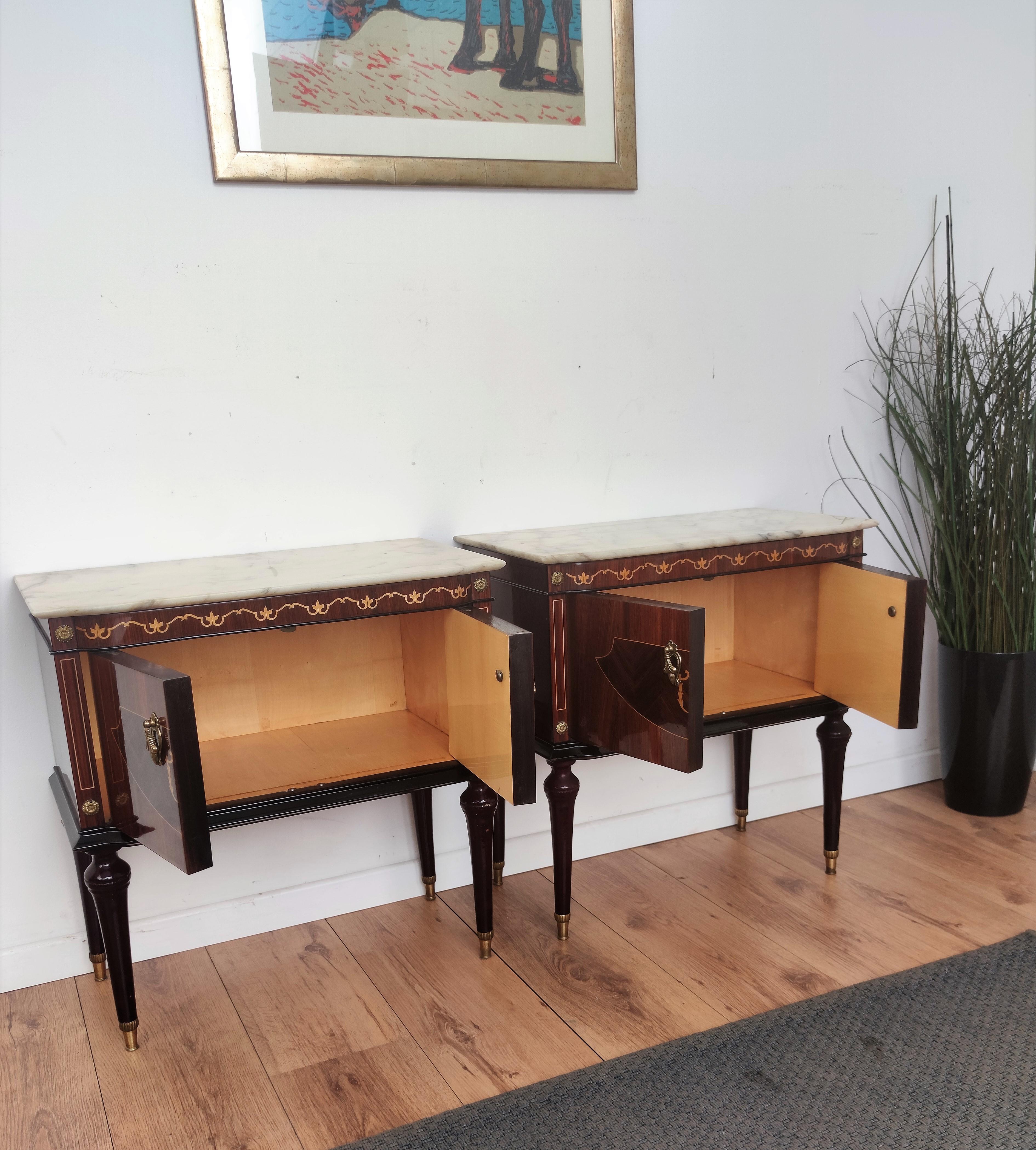 20th Century Pair of Mid-Century Italian Art Deco Nightstands Bedside Tables White Marble Top