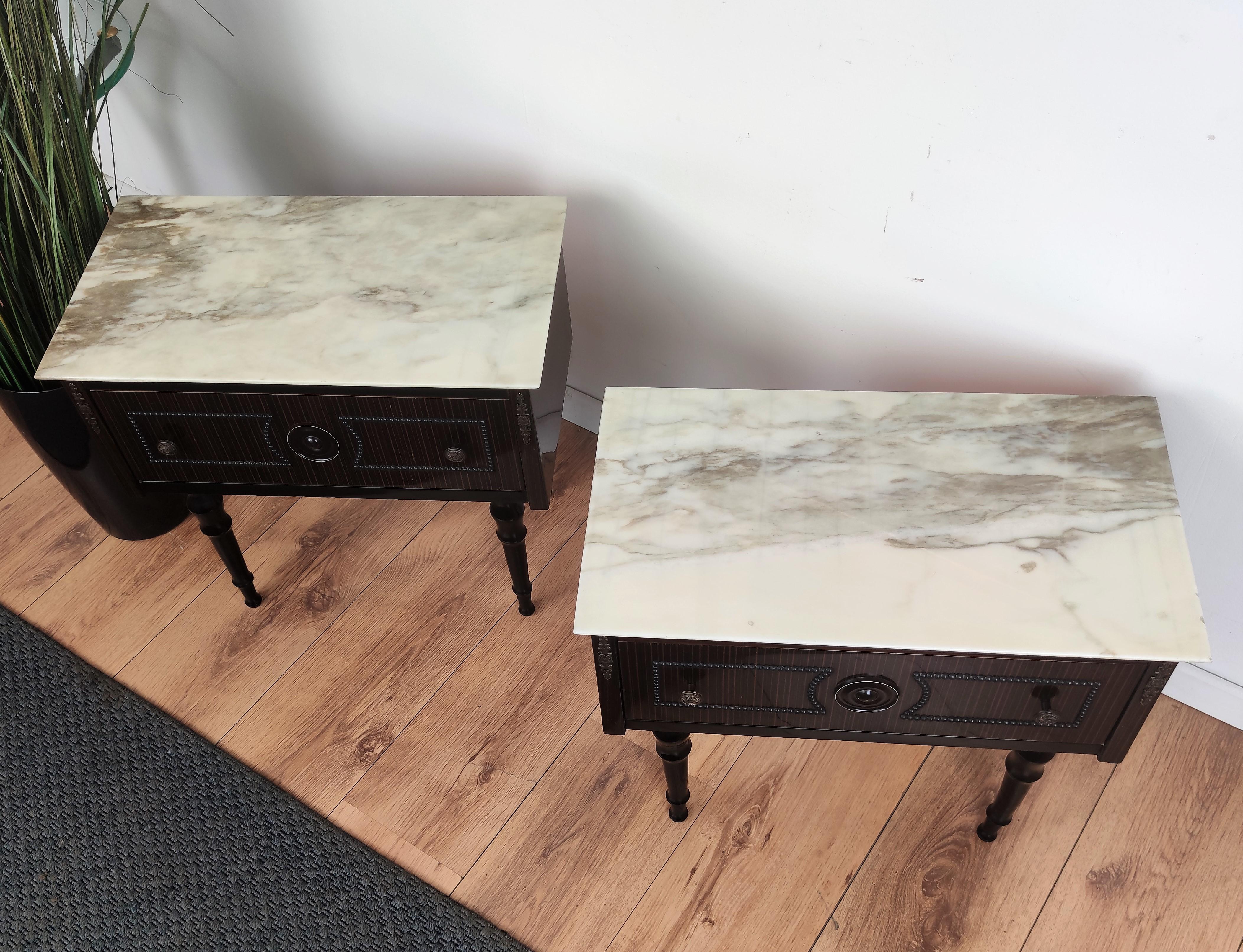 20th Century Pair of Mid-Century Italian Art Deco Nightstands Bedside Tables White Marble Top