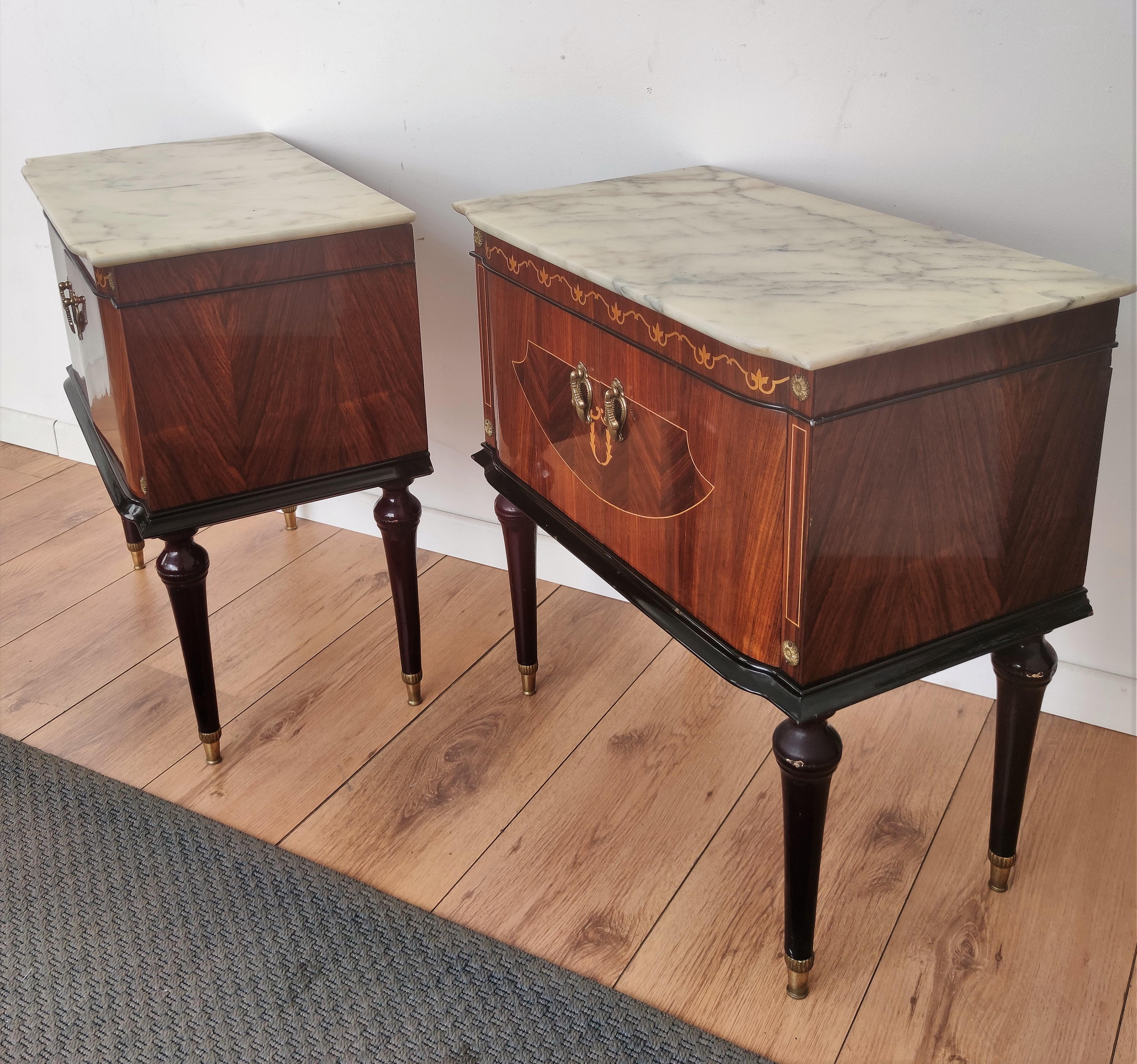 Pair of Mid-Century Italian Art Deco Nightstands Bedside Tables White Marble Top 1