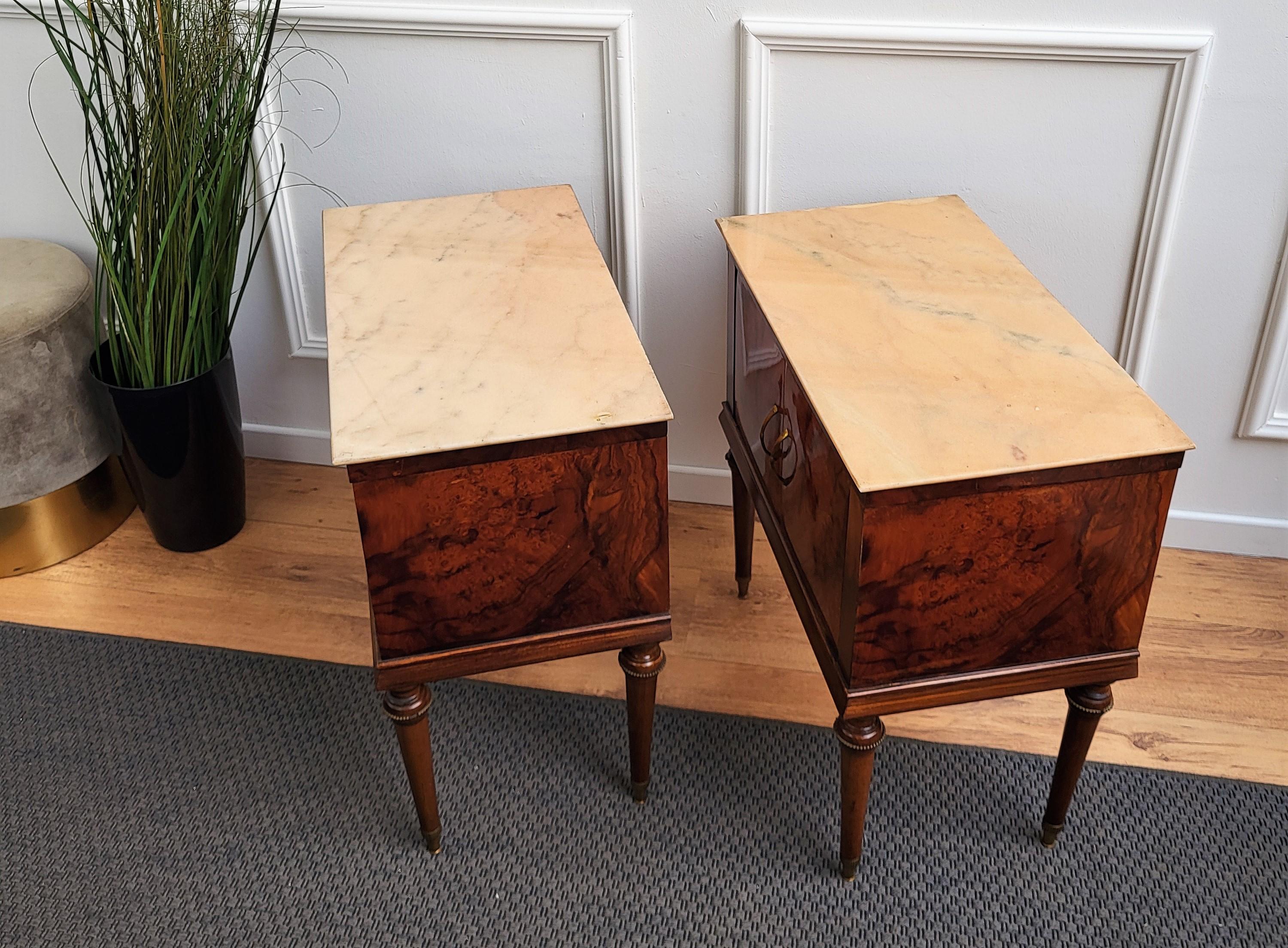 Pair of Mid-Century Italian Art Deco Nightstands Bedside Tables White Marble Top 1