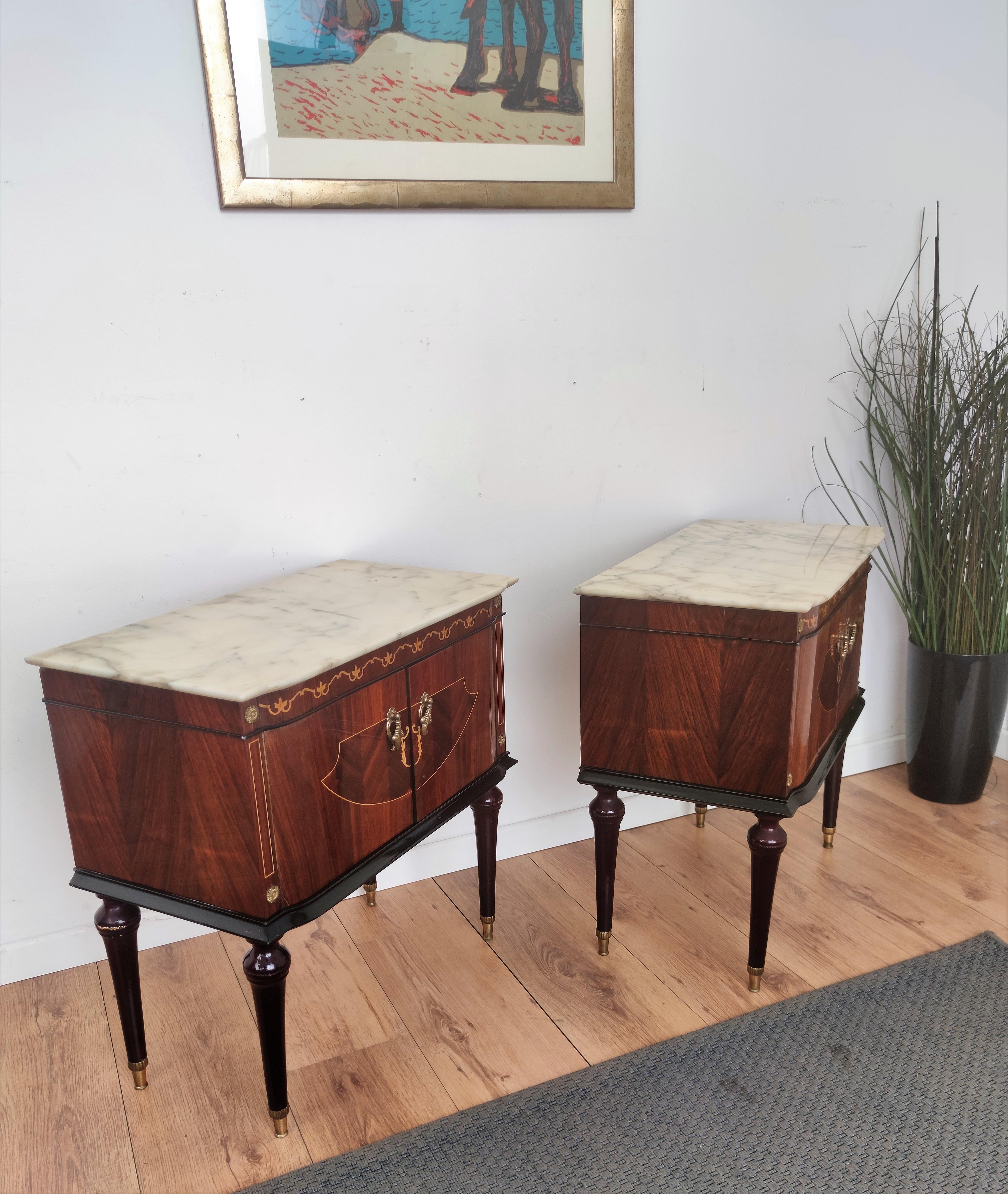 Pair of Mid-Century Italian Art Deco Nightstands Bedside Tables White Marble Top 2