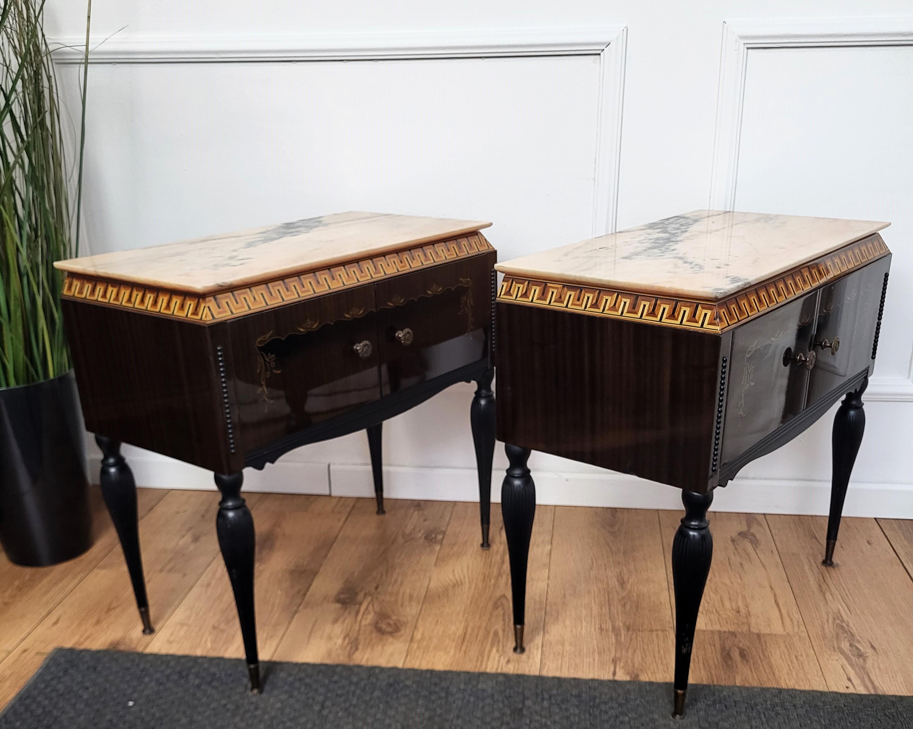 Pair of Mid-Century Italian Art Deco Nightstands Bedside Tables White Marble Top 2