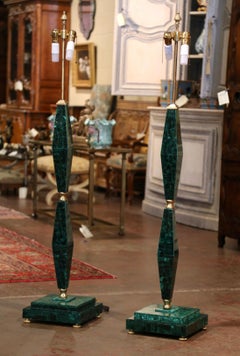 Pair of Midcentury Italian Art Moderne Malachite and Gilt Bronze Floor Lamps