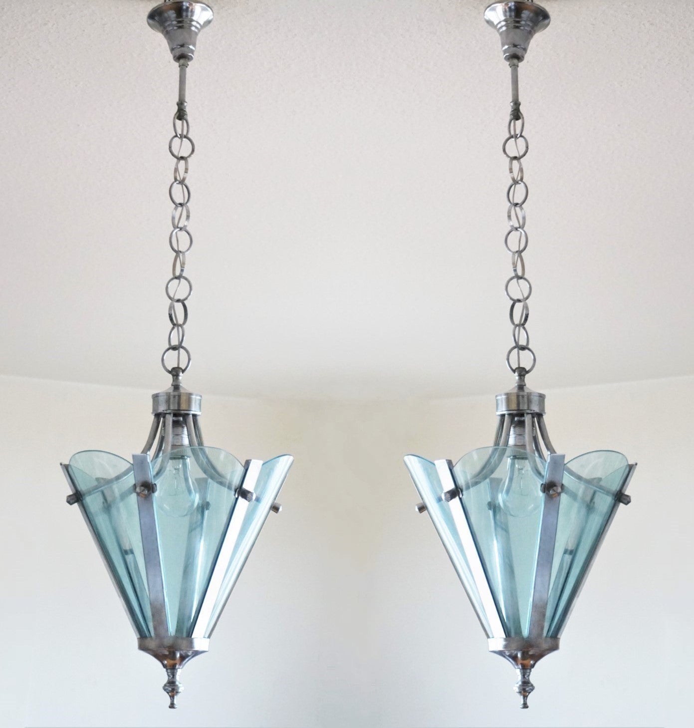 Mid-Century Modern Pair of Mid-Century Italian Azure Blue Lanterns Chrome Mounted, 1960s For Sale