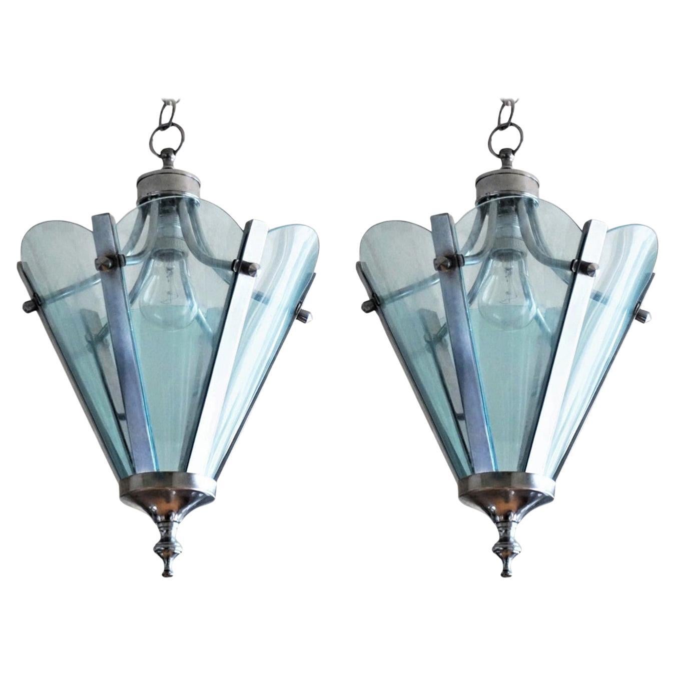 Pair of Mid-Century Italian Azure Blue Lanterns Chrome Mounted, 1960s