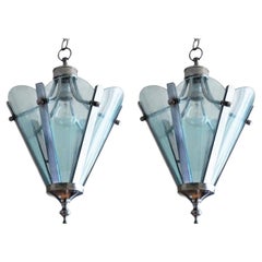 Pair of Mid-Century Italian Azure Blue Lanterns Chrome Mounted, 1960s