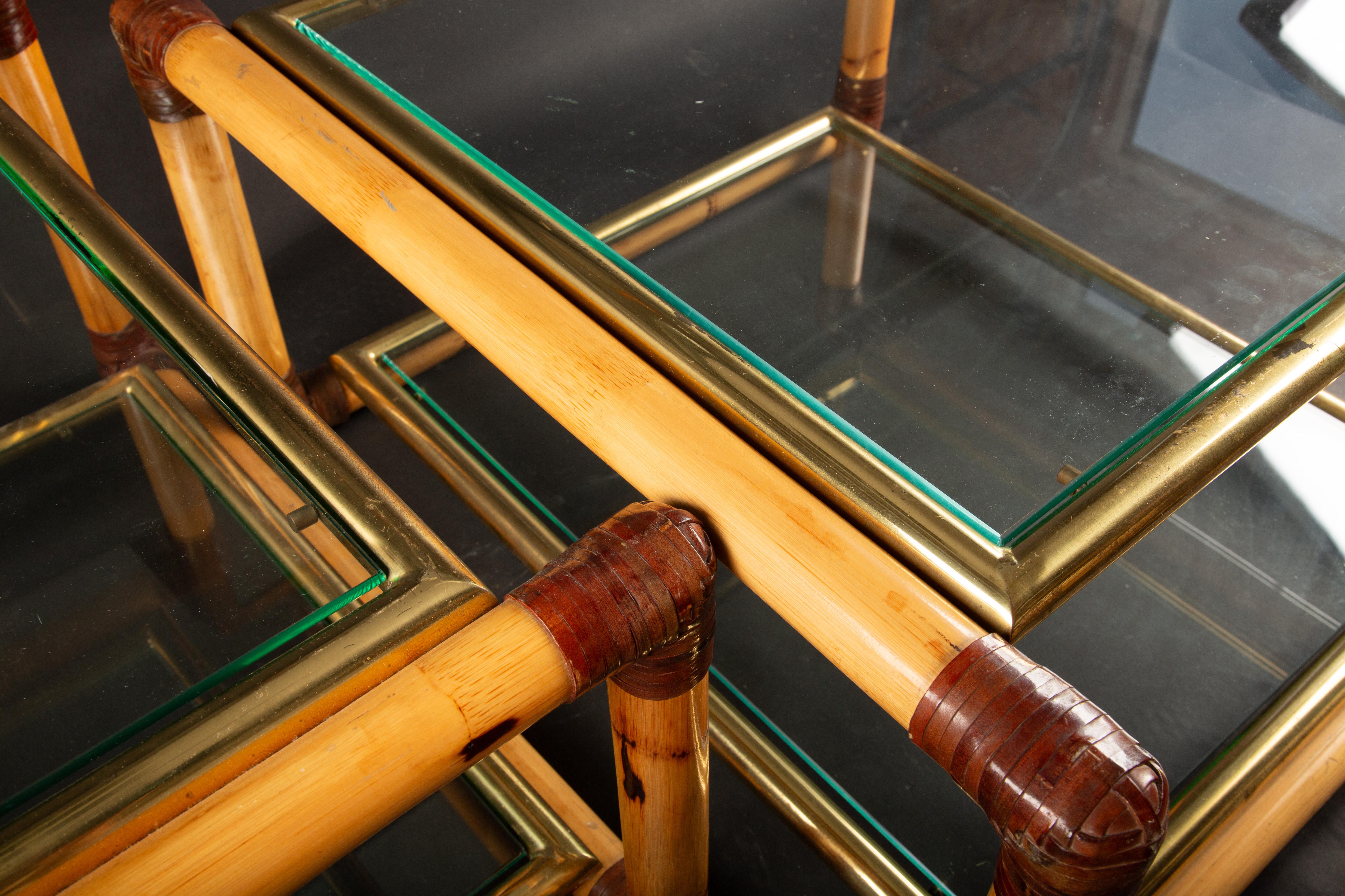 20th Century Pair of Mid Century Italian Bamboo & Brass Side/Coffee Tables with glass surface For Sale