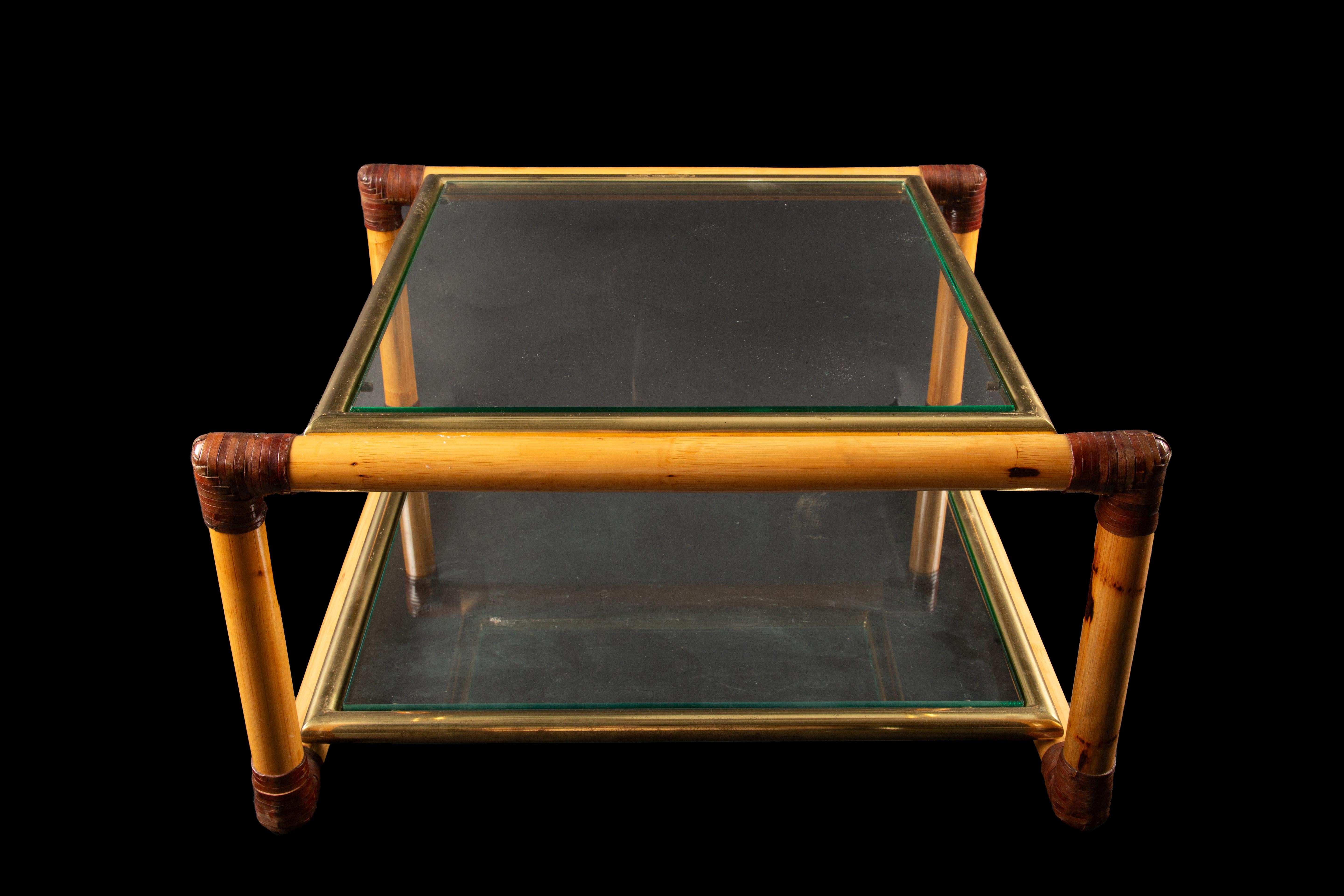 Pair of Mid Century Italian Bamboo & Brass Side/Coffee Tables with glass surface For Sale 1