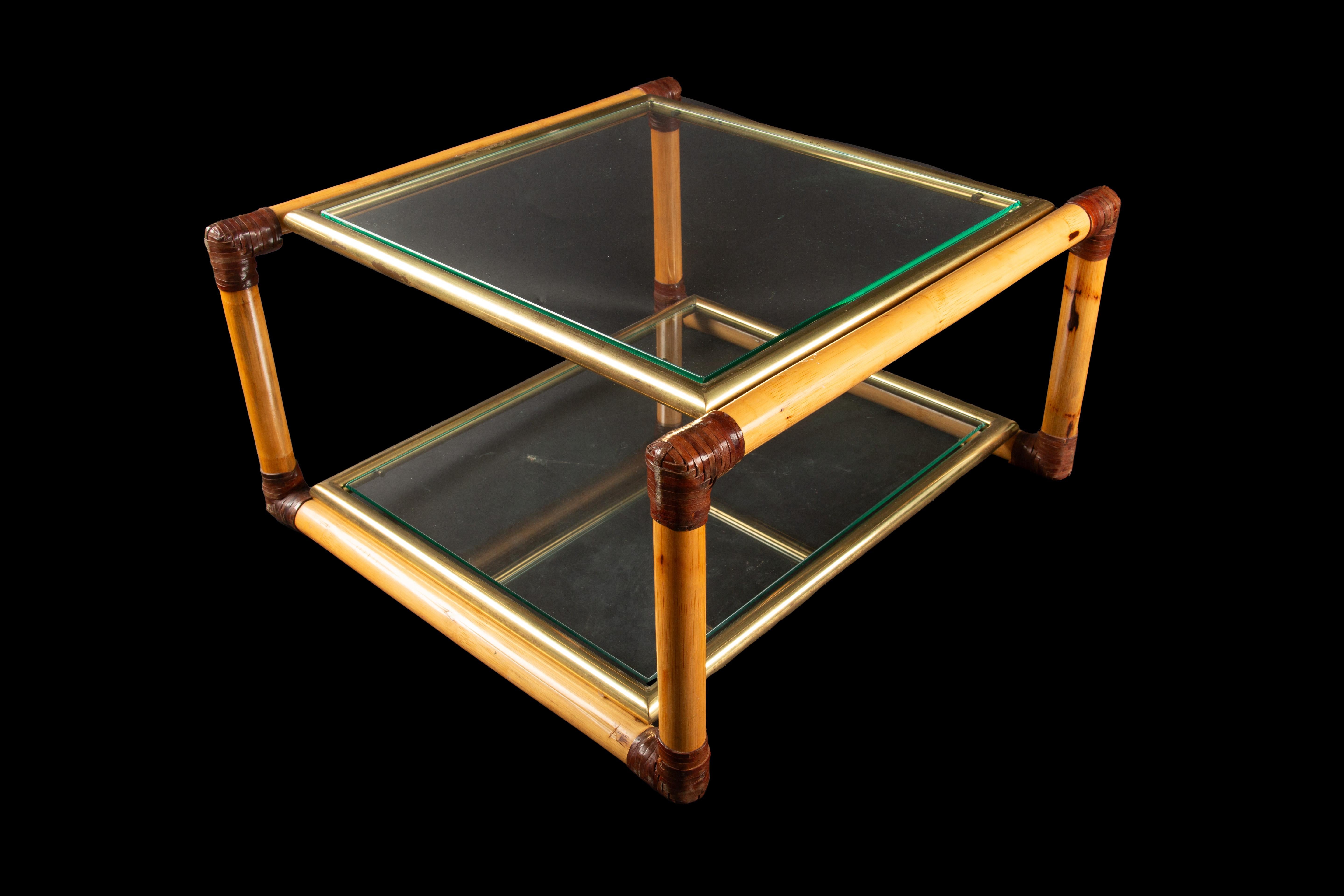 Pair of Mid Century Italian Bamboo & Brass Side/Coffee Tables with glass surface For Sale 2