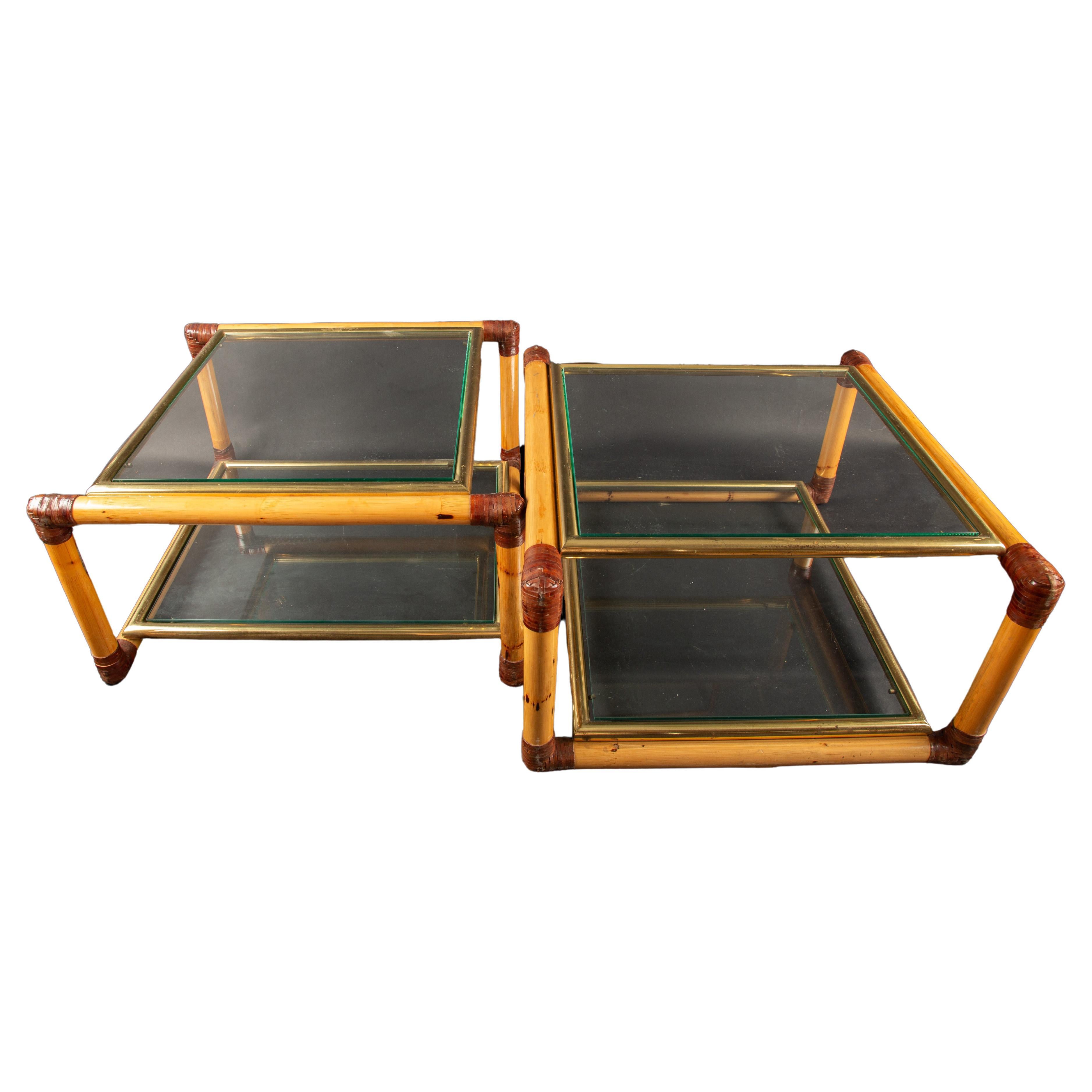 Pair of Mid Century Italian Bamboo & Brass Side/Coffee Tables with glass surface For Sale