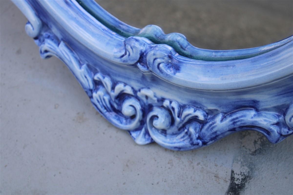 Pair of Mid-century Italian Baroque light blue ceramic mirrors 1950s Pop Art For Sale 6