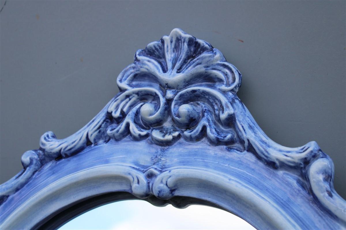 Pair of Mid-century Italian Baroque light blue ceramic mirrors 1950s Pop Art For Sale 7