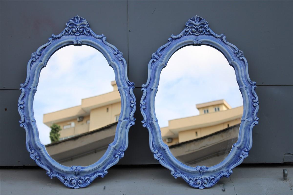 Mid-Century Modern Pair of Mid-century Italian Baroque light blue ceramic mirrors 1950s Pop Art For Sale