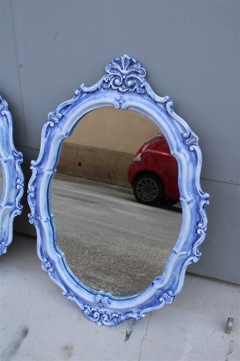 Pair of Mid-century Italian Baroque light blue ceramic mirrors 1950s Pop Art For Sale 1