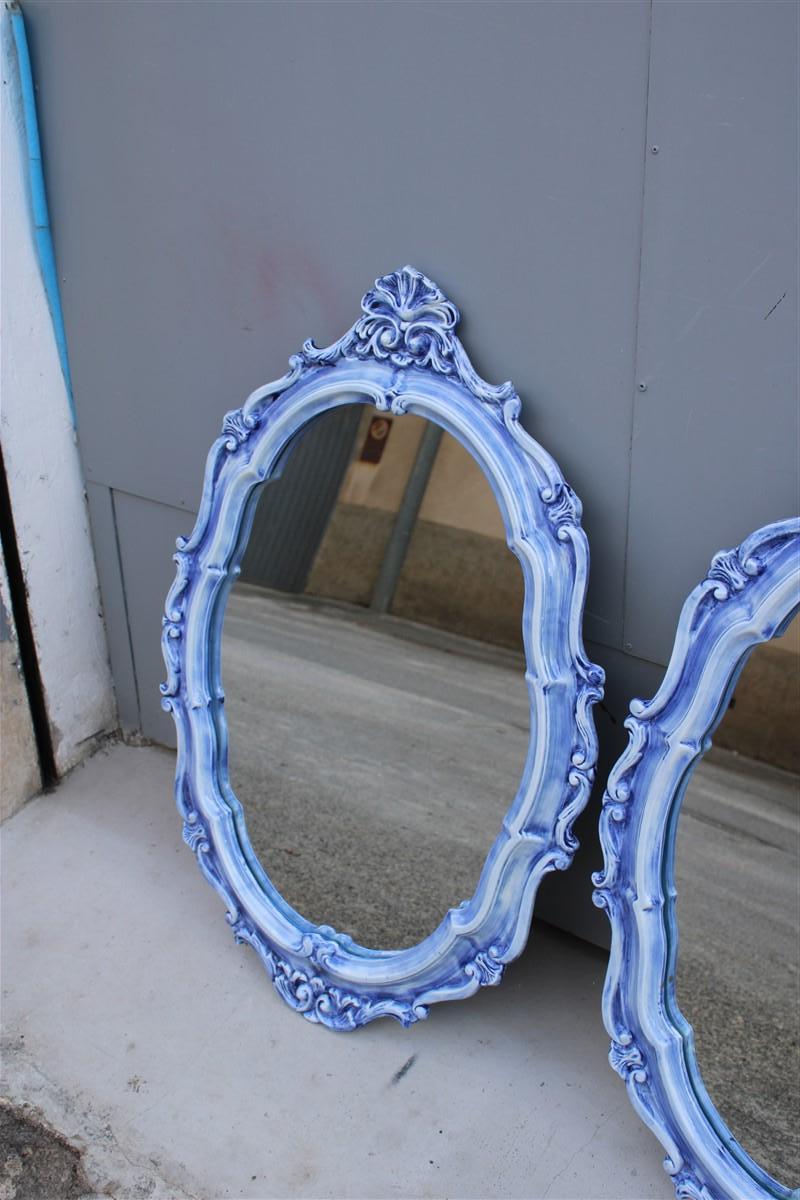 Pair of Mid-century Italian Baroque light blue ceramic mirrors 1950s Pop Art For Sale 2