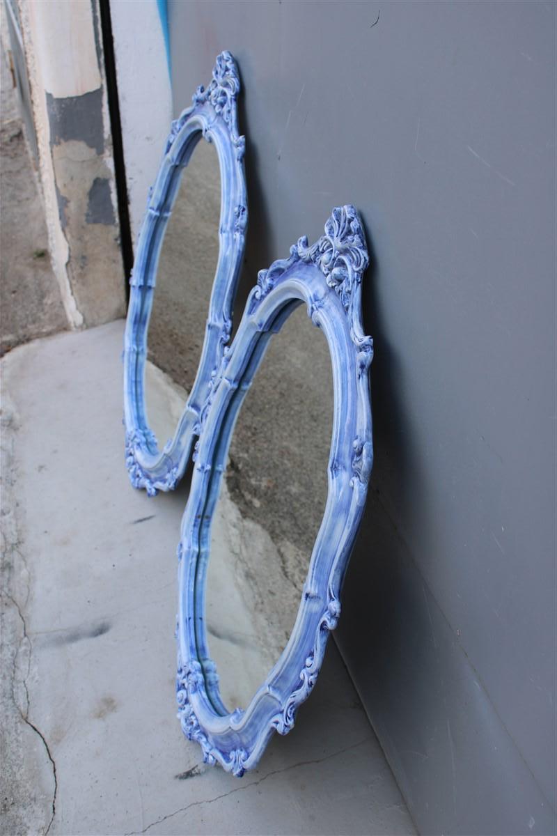Pair of Mid-century Italian Baroque light blue ceramic mirrors 1950s Pop Art For Sale 3