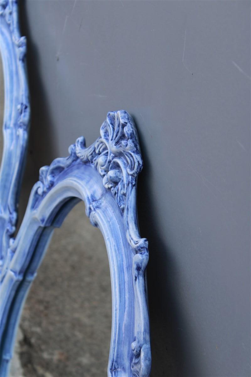 Pair of Mid-century Italian Baroque light blue ceramic mirrors 1950s Pop Art For Sale 4