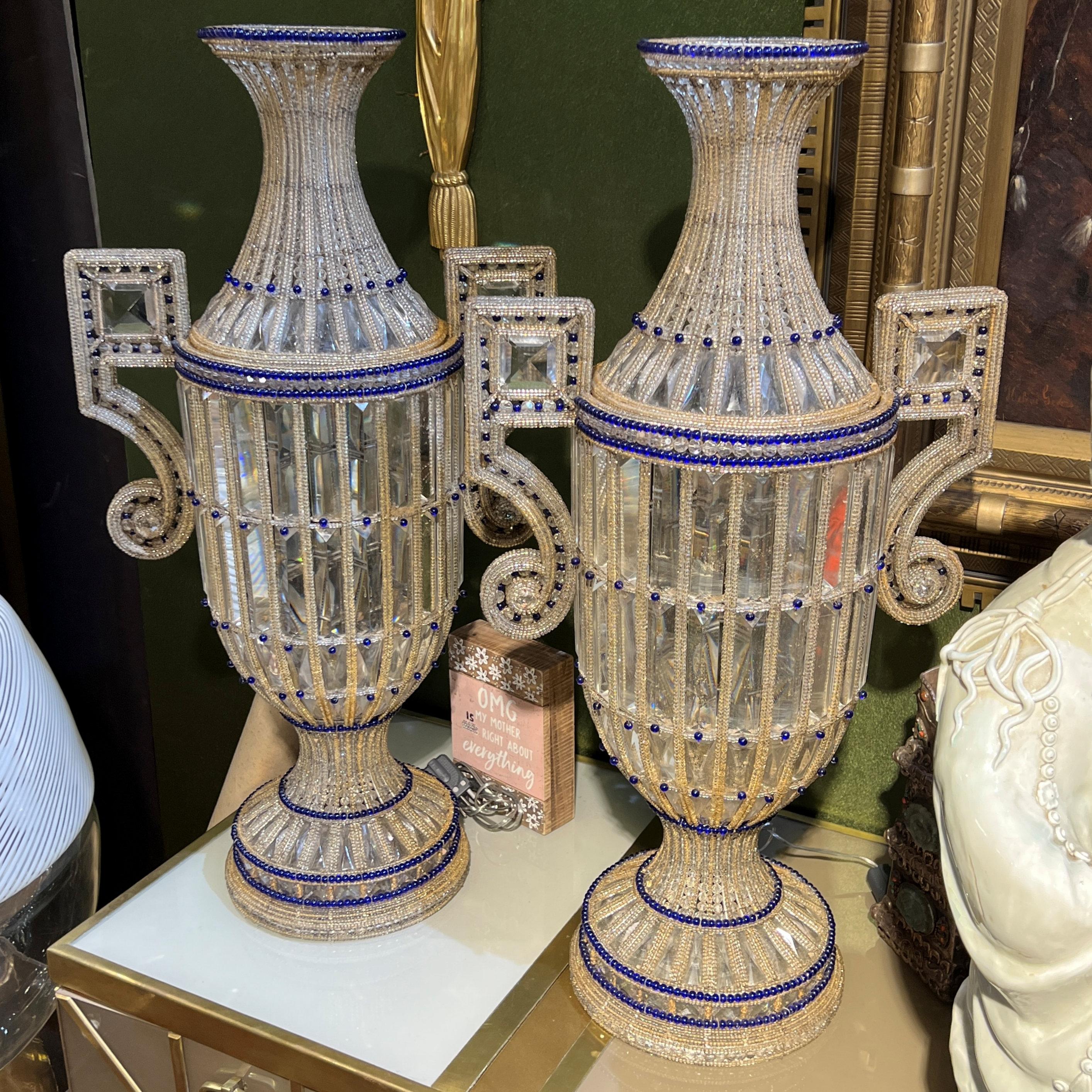 Mid-Century Modern Pair of Mid-Century Italian Beaded and Cut Glass Lighted Vases For Sale