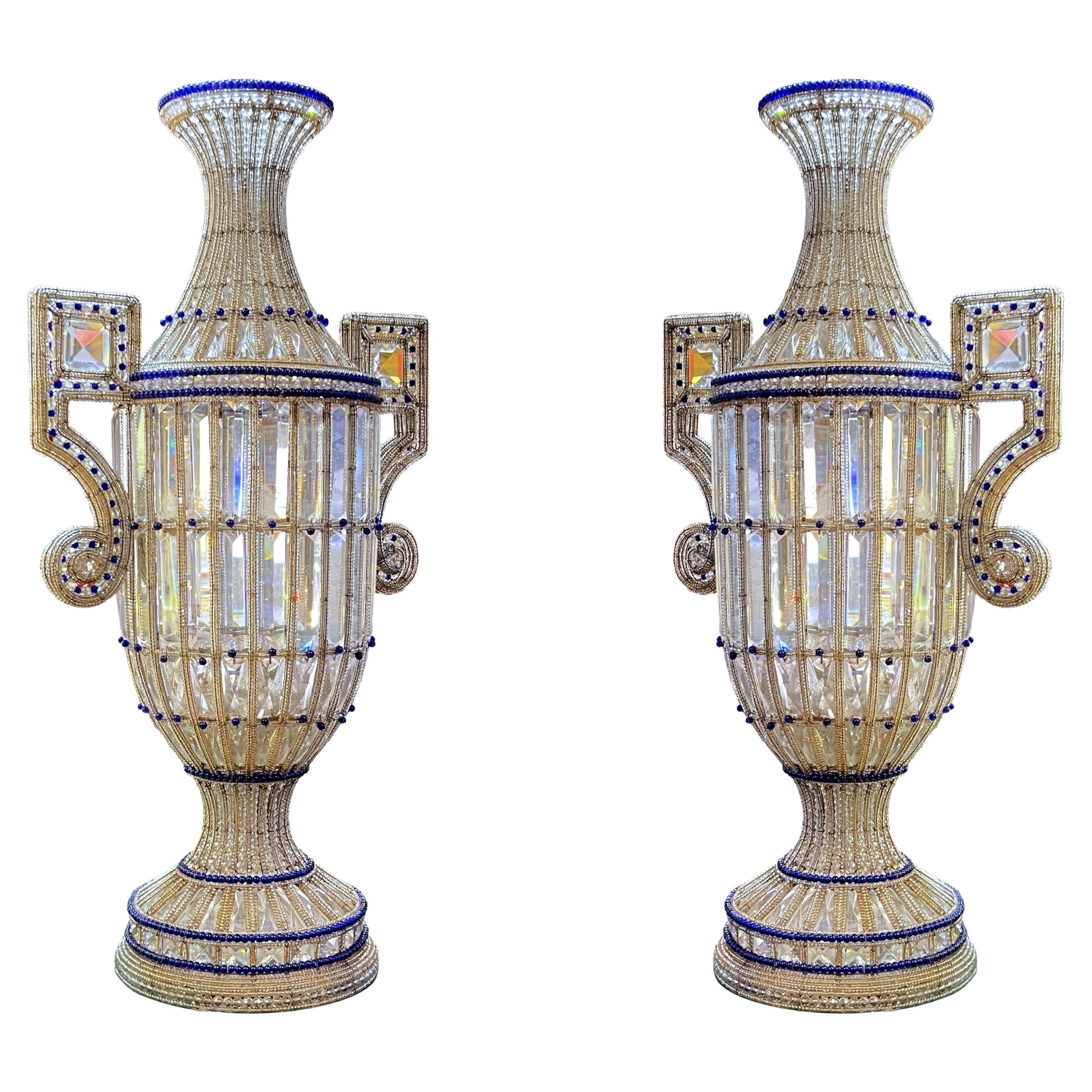 Pair of Mid-Century Italian Beaded and Cut Glass Lighted Vases