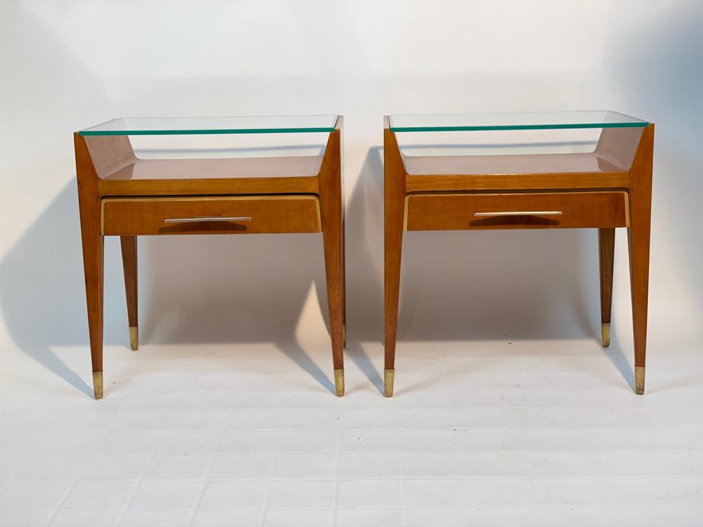 Mid-Century Modern Pair of Mid Century Italian Bed Side Tables Night Stands Brass Handles and Feet