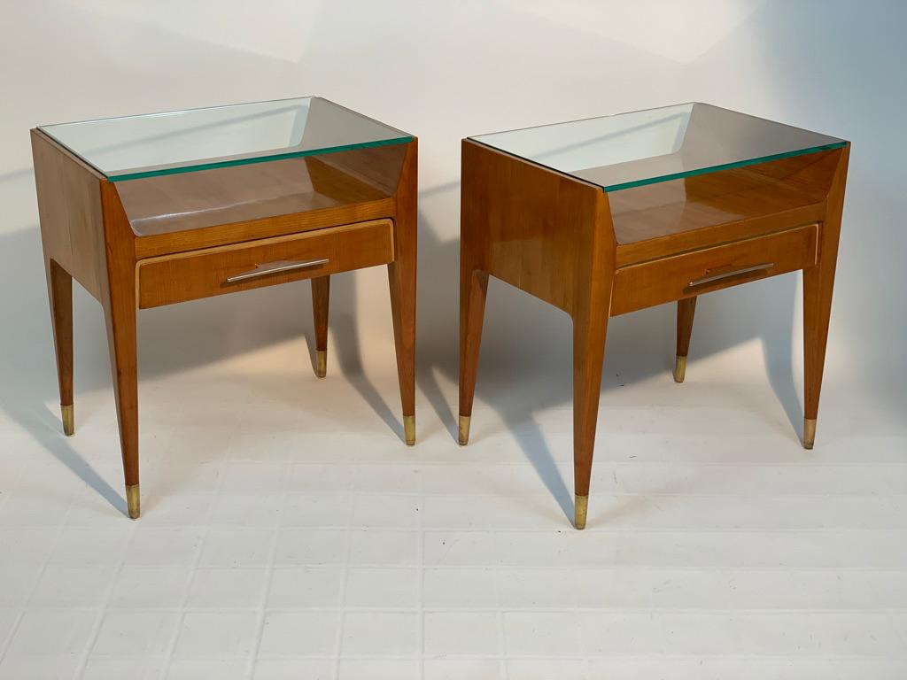 Mid-20th Century Pair of Mid Century Italian Bed Side Tables Night Stands Brass Handles and Feet