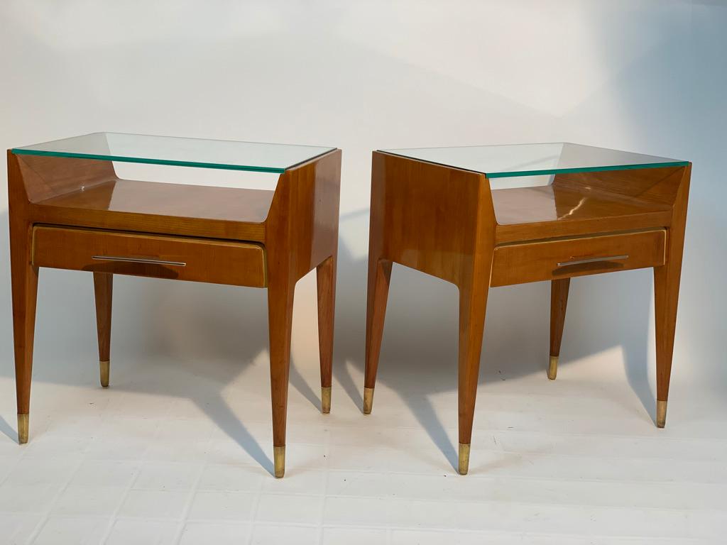 Pair of Mid Century Italian Bed Side Tables Night Stands Brass Handles and Feet 1
