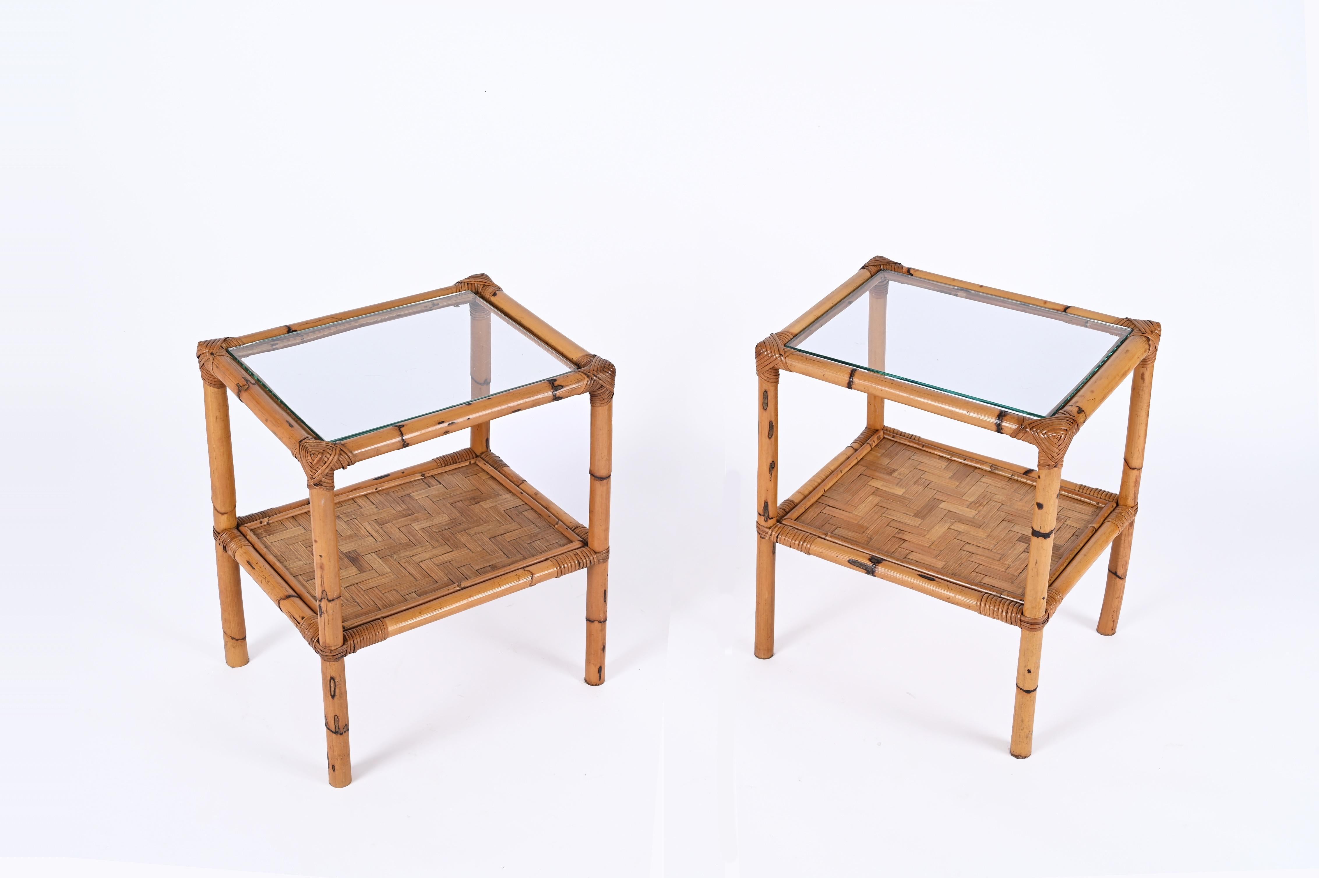 Pair of Mid-Century Italian Bedside Tables in Bamboo, Rattan and Glass, 1970s 5