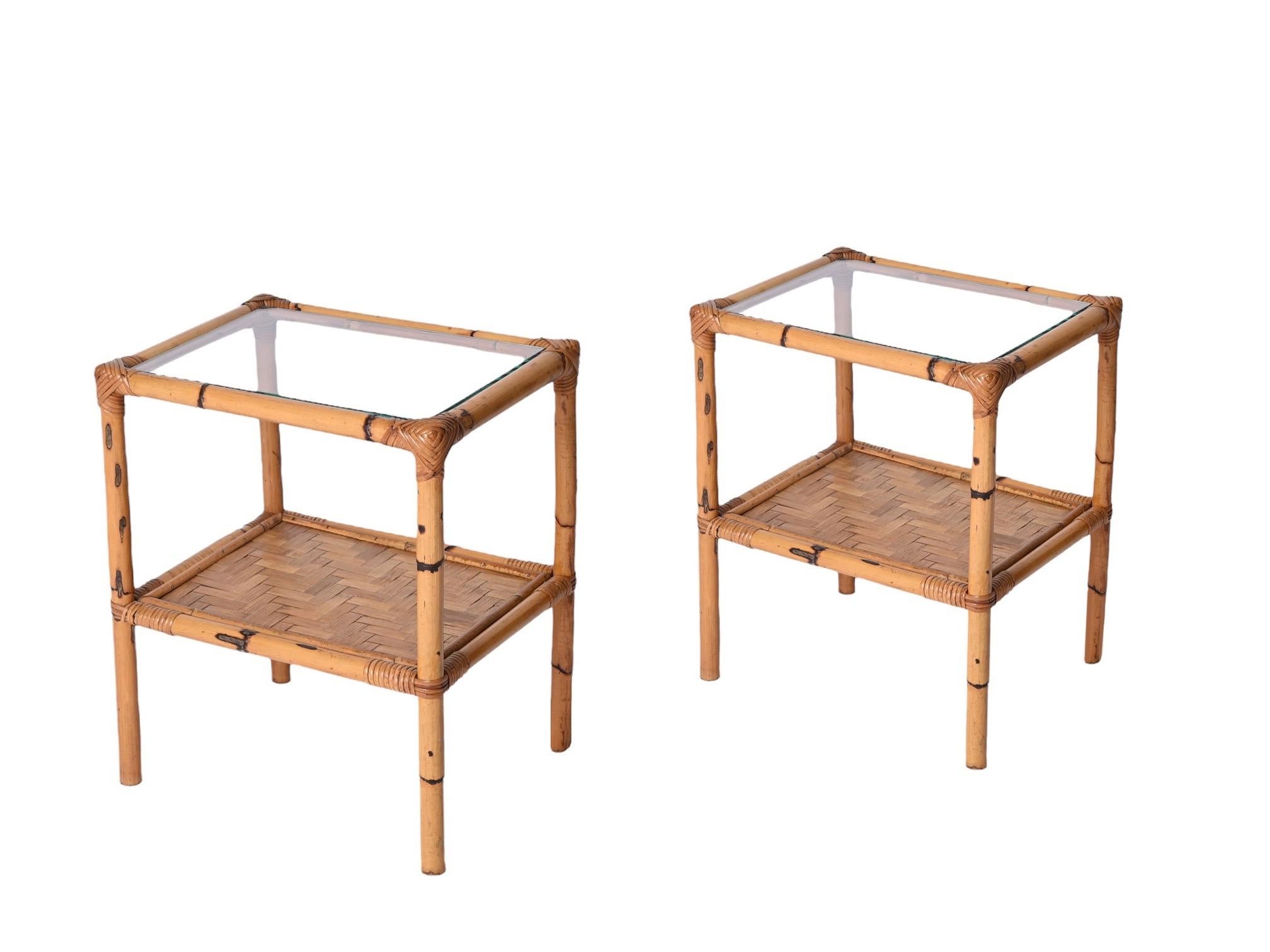Pair of Mid-Century Italian Bedside Tables in Bamboo, Rattan and Glass, 1970s For Sale 6