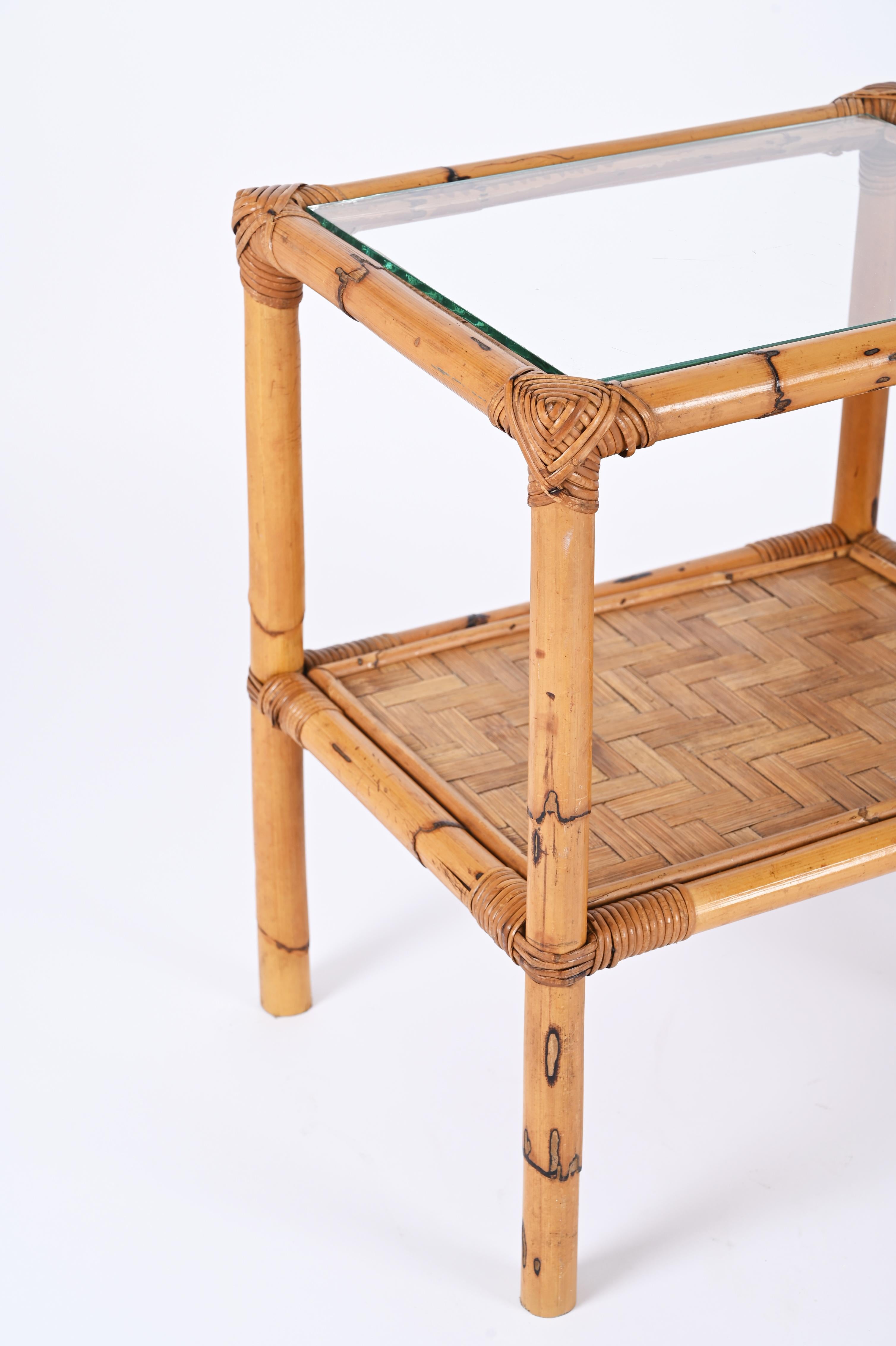 Pair of Mid-Century Italian Bedside Tables in Bamboo, Rattan and Glass, 1970s For Sale 8