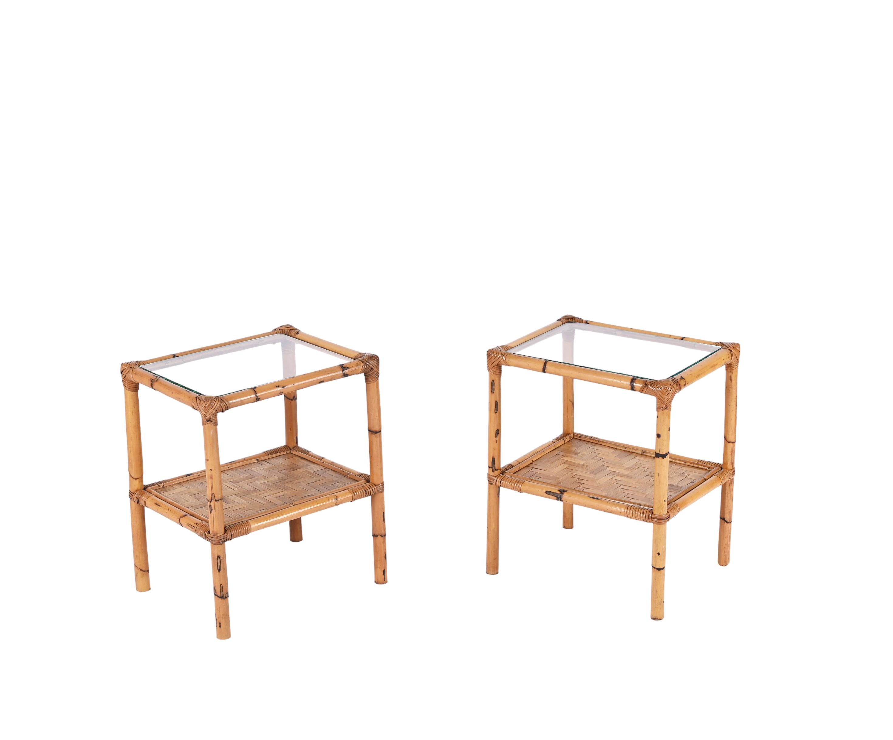 Pair of Mid-Century Italian Bedside Tables in Bamboo, Rattan and Glass, 1970s For Sale 9
