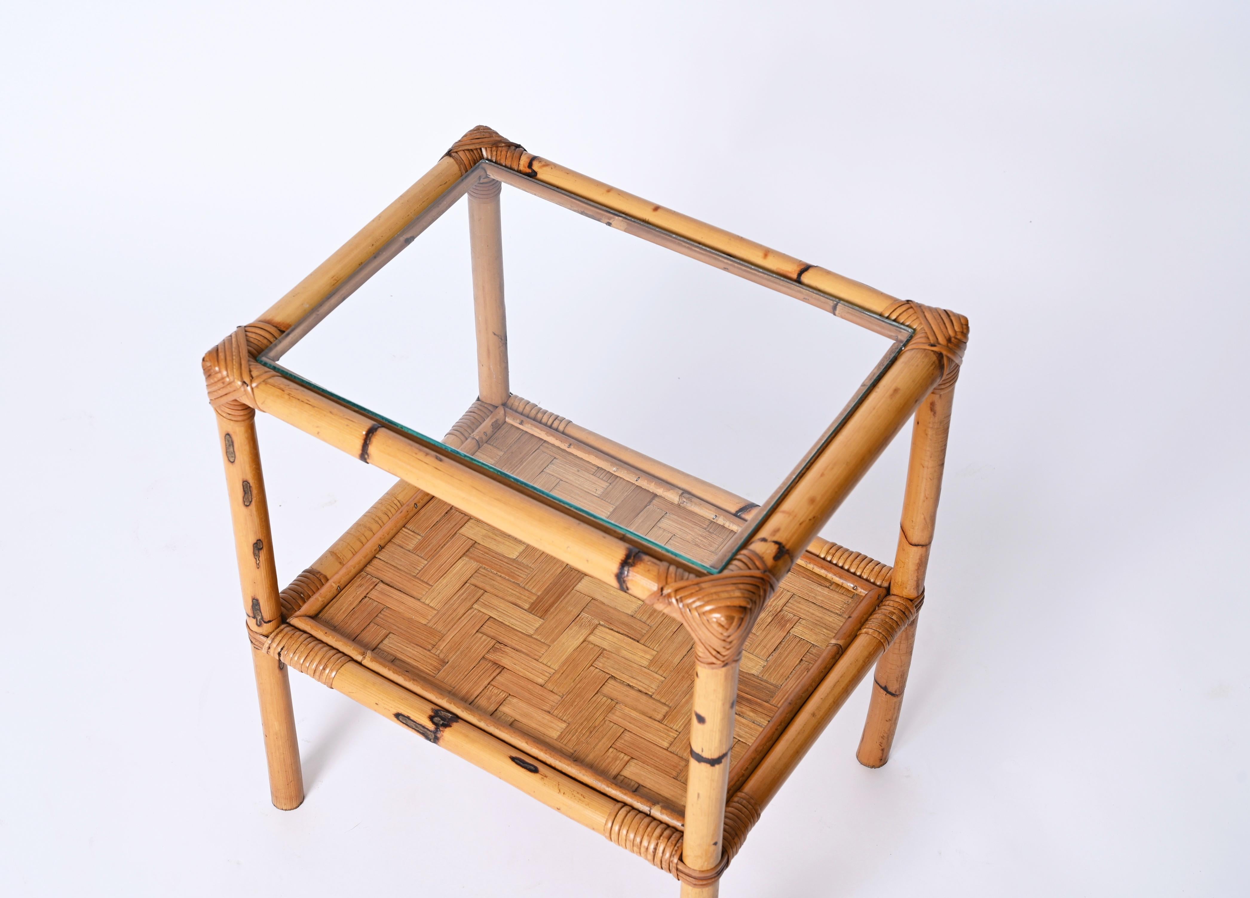 European Pair of Mid-Century Italian Bedside Tables in Bamboo, Rattan and Glass, 1970s
