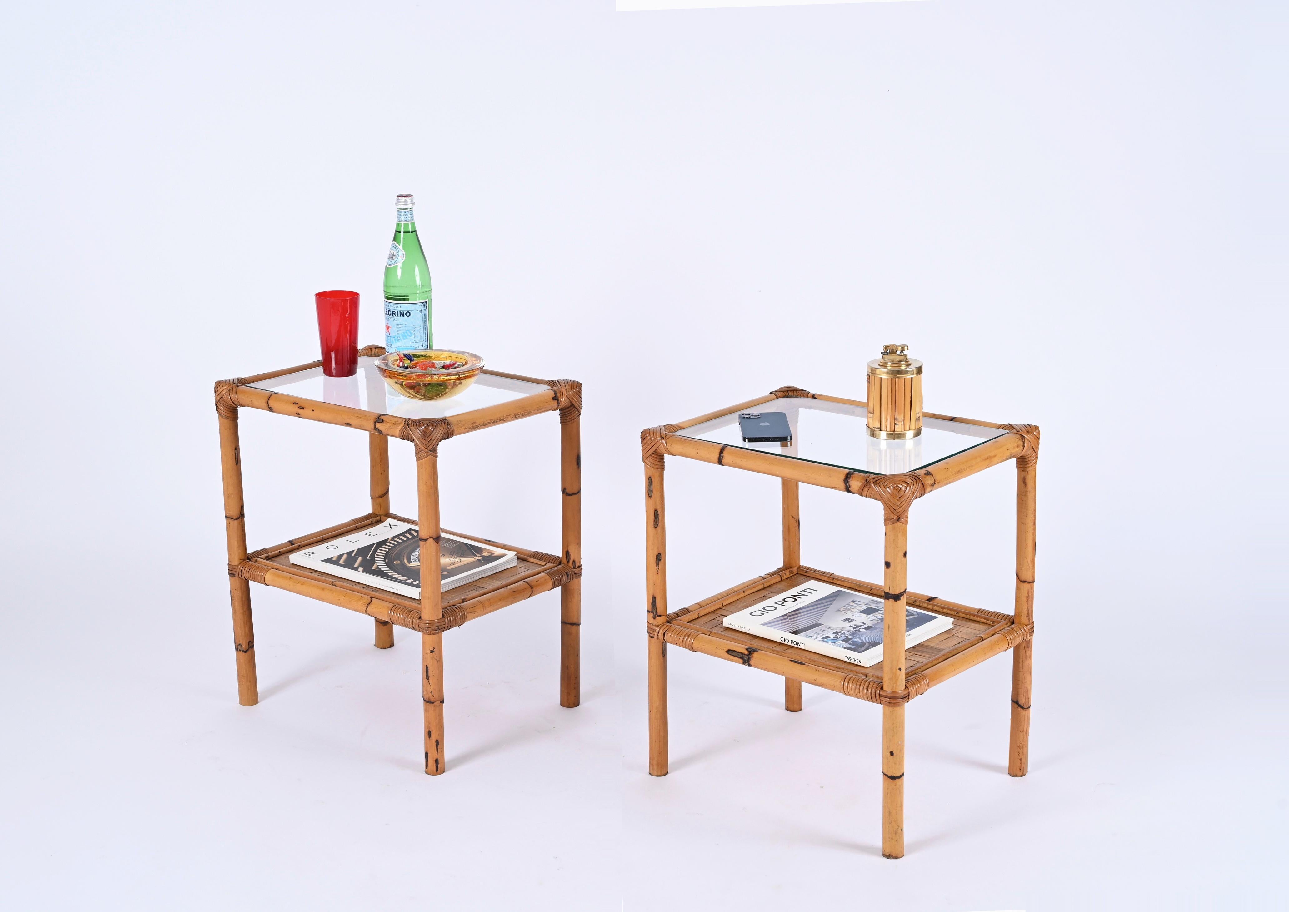 Pair of Mid-Century Italian Bedside Tables in Bamboo, Rattan and Glass, 1970s For Sale 1