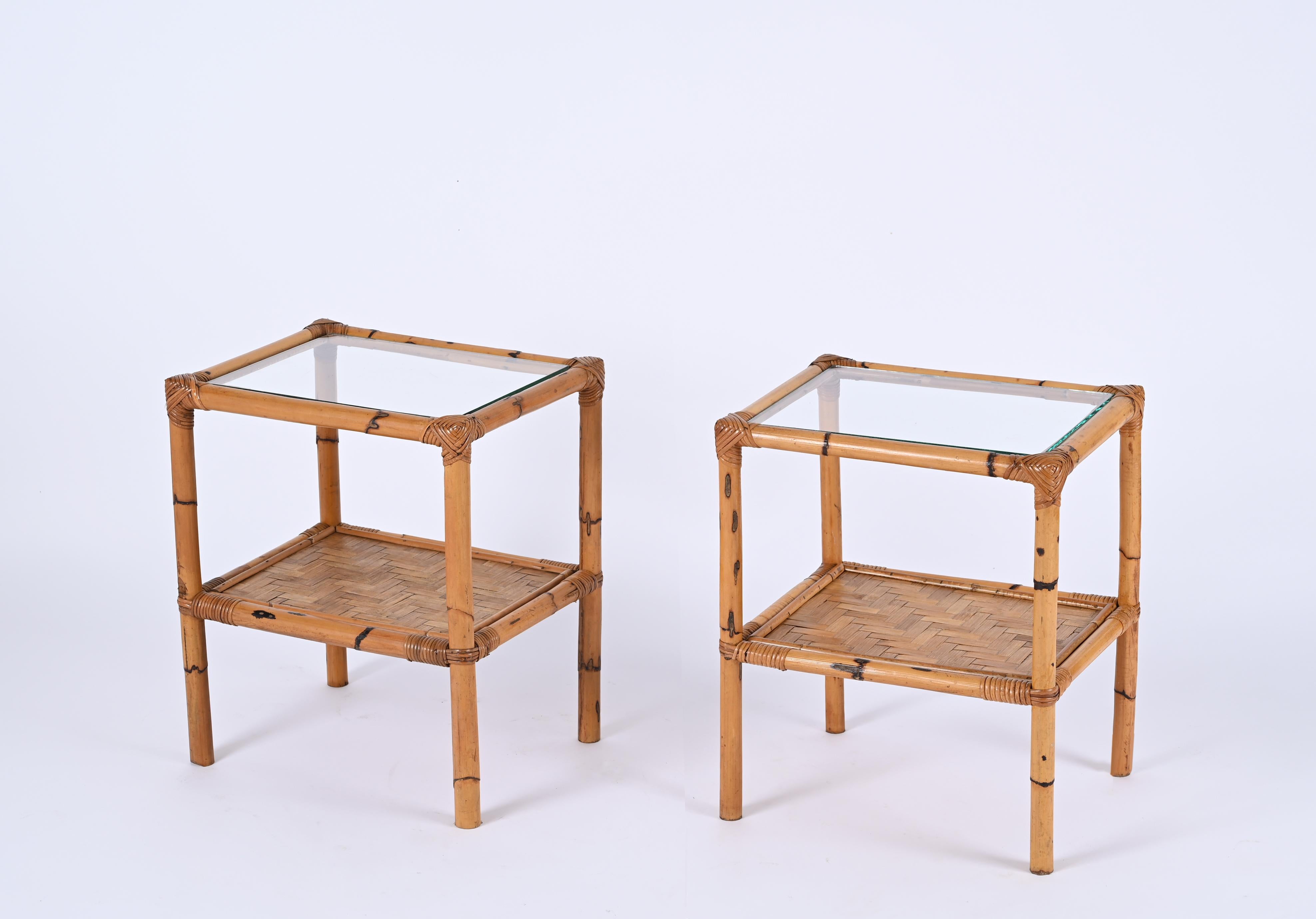 Pair of Mid-Century Italian Bedside Tables in Bamboo, Rattan and Glass, 1970s For Sale 2