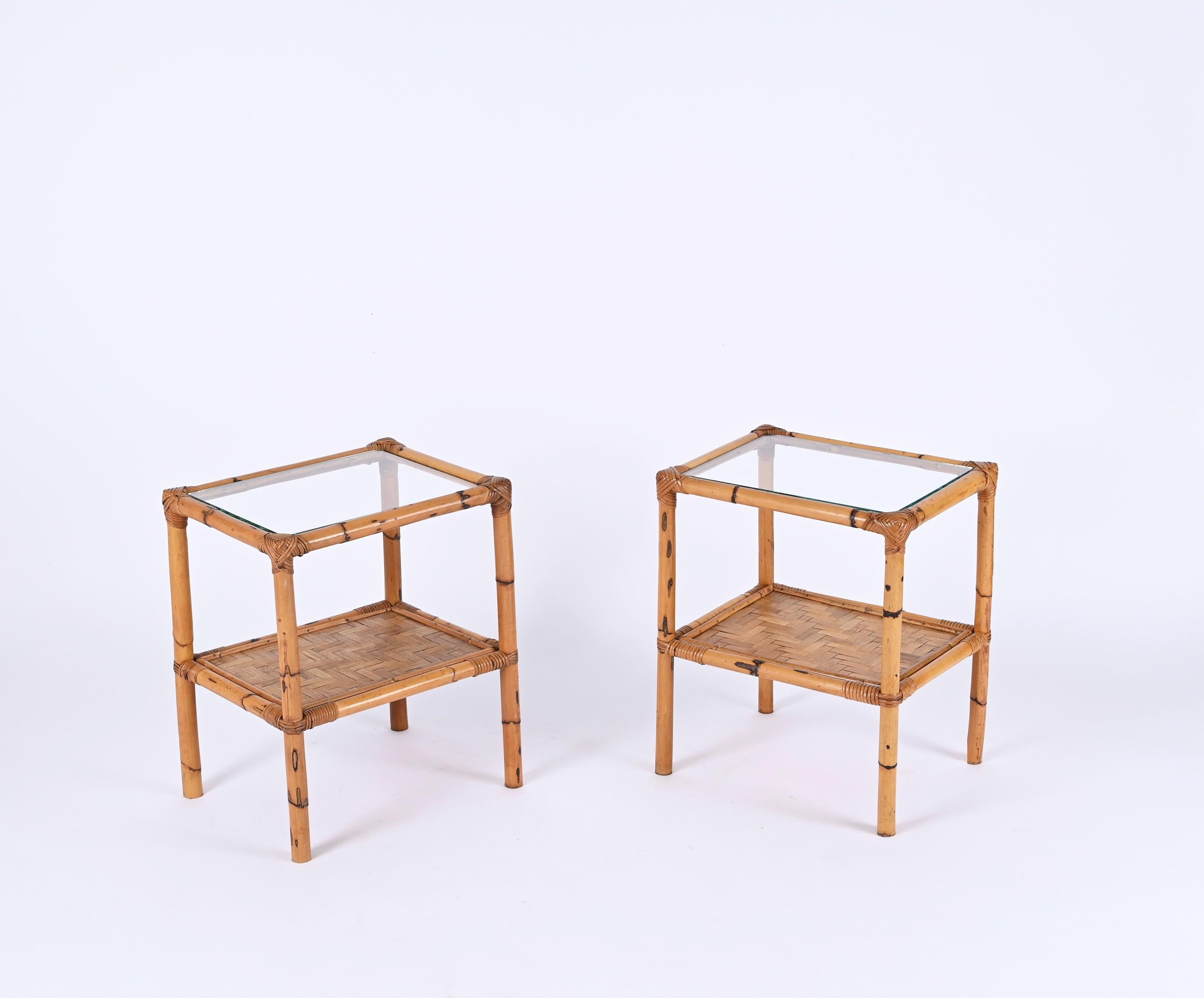 Pair of Mid-Century Italian Bedside Tables in Bamboo, Rattan and Glass, 1970s For Sale 3