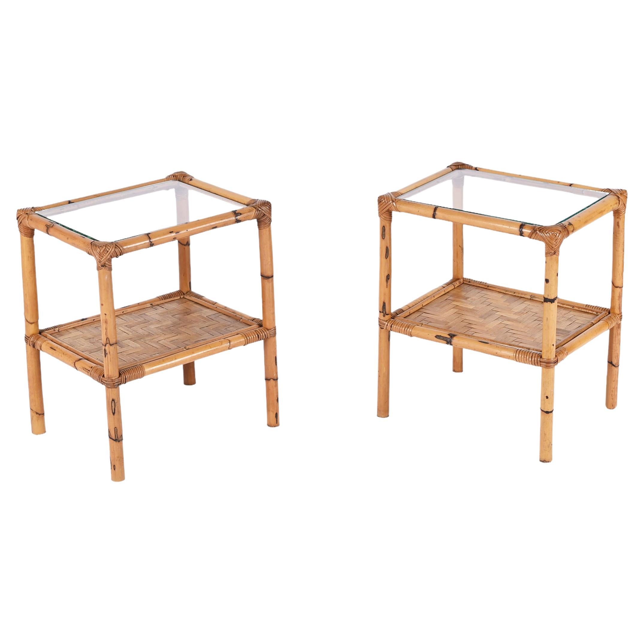 Pair of Mid-Century Italian Bedside Tables in Bamboo, Rattan and Glass, 1970s For Sale