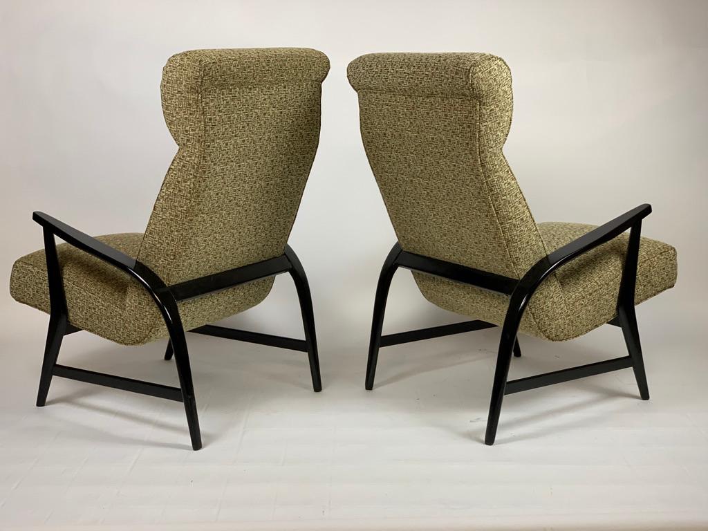 Pair of Midcentury Italian Black Lacquered Armchairs Original Fabric In Good Condition In Firenze, Toscana