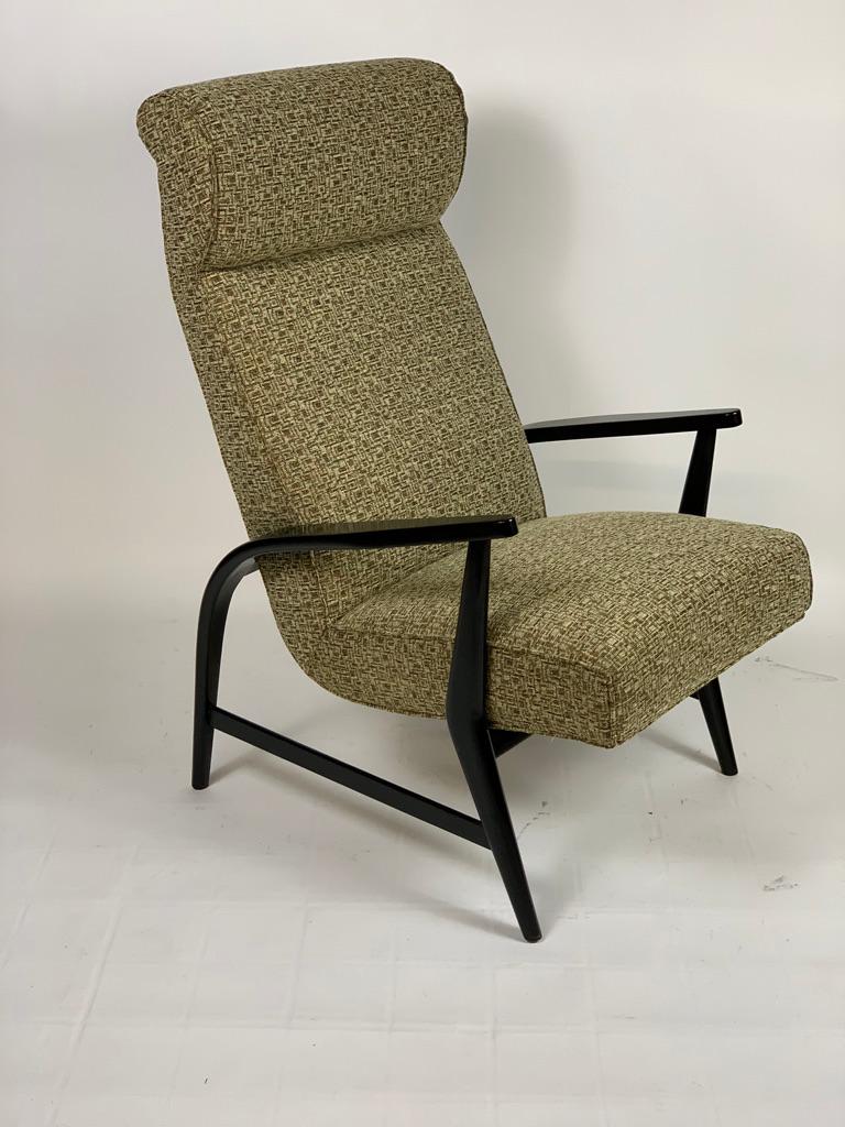 Wood Pair of Midcentury Italian Black Lacquered Armchairs Original Fabric