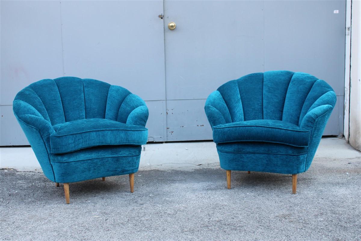 Pair of Mid-century Italian Blue Velvet Shell Armchairs 1950s wooden feet