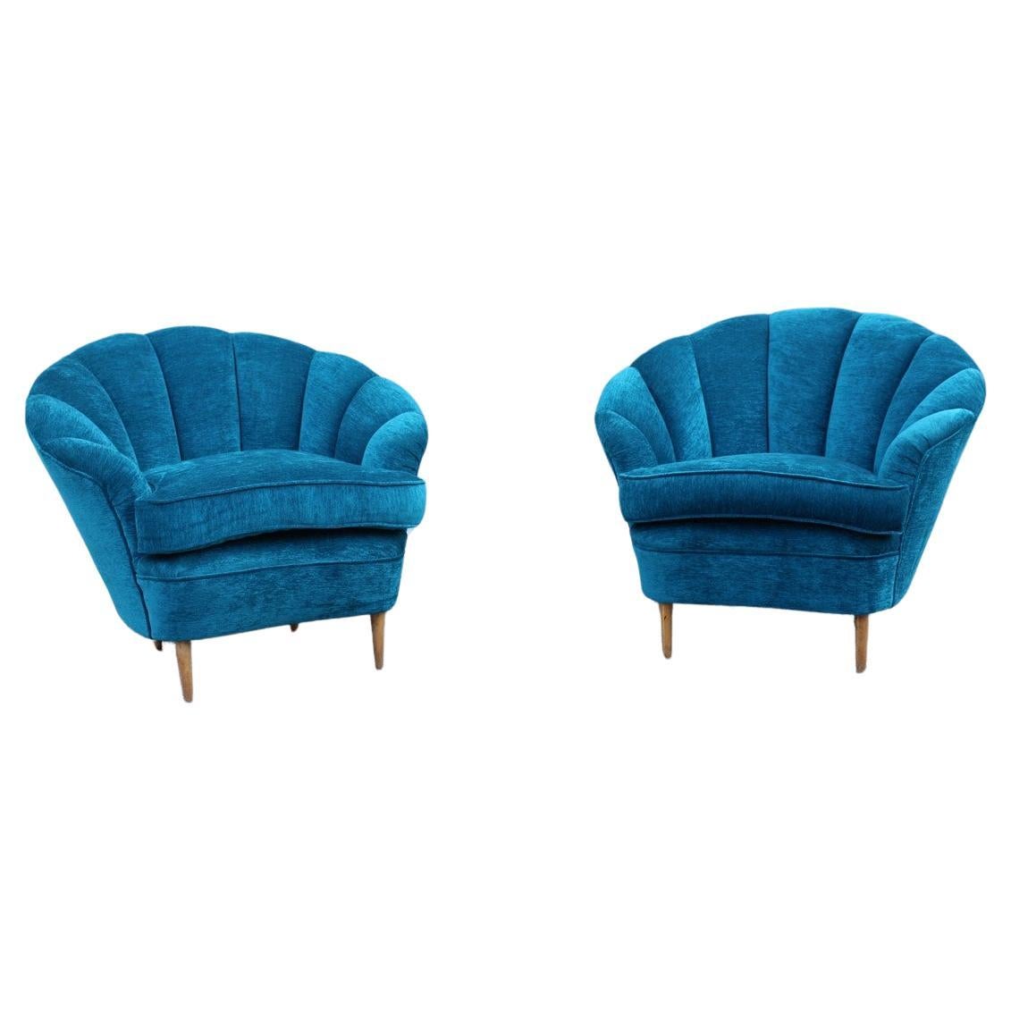 Paire de fauteuils italiens du milieu du siècle en velours bleu Guglielmo Ulrich 1950 