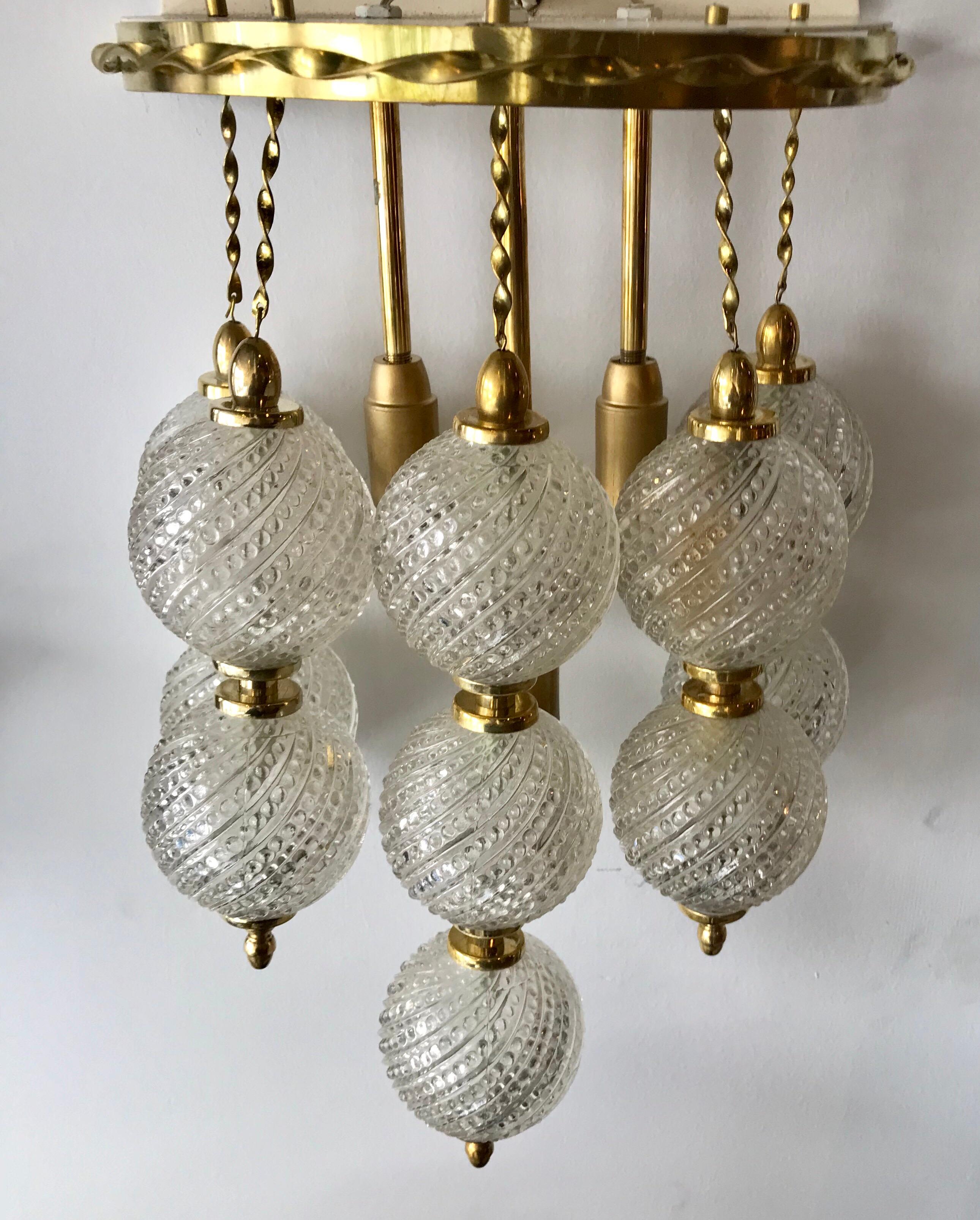 Pair of Midcentury Italian Brass and Venini Glass Hotel Bed Side Sconces In Good Condition In Miami, FL