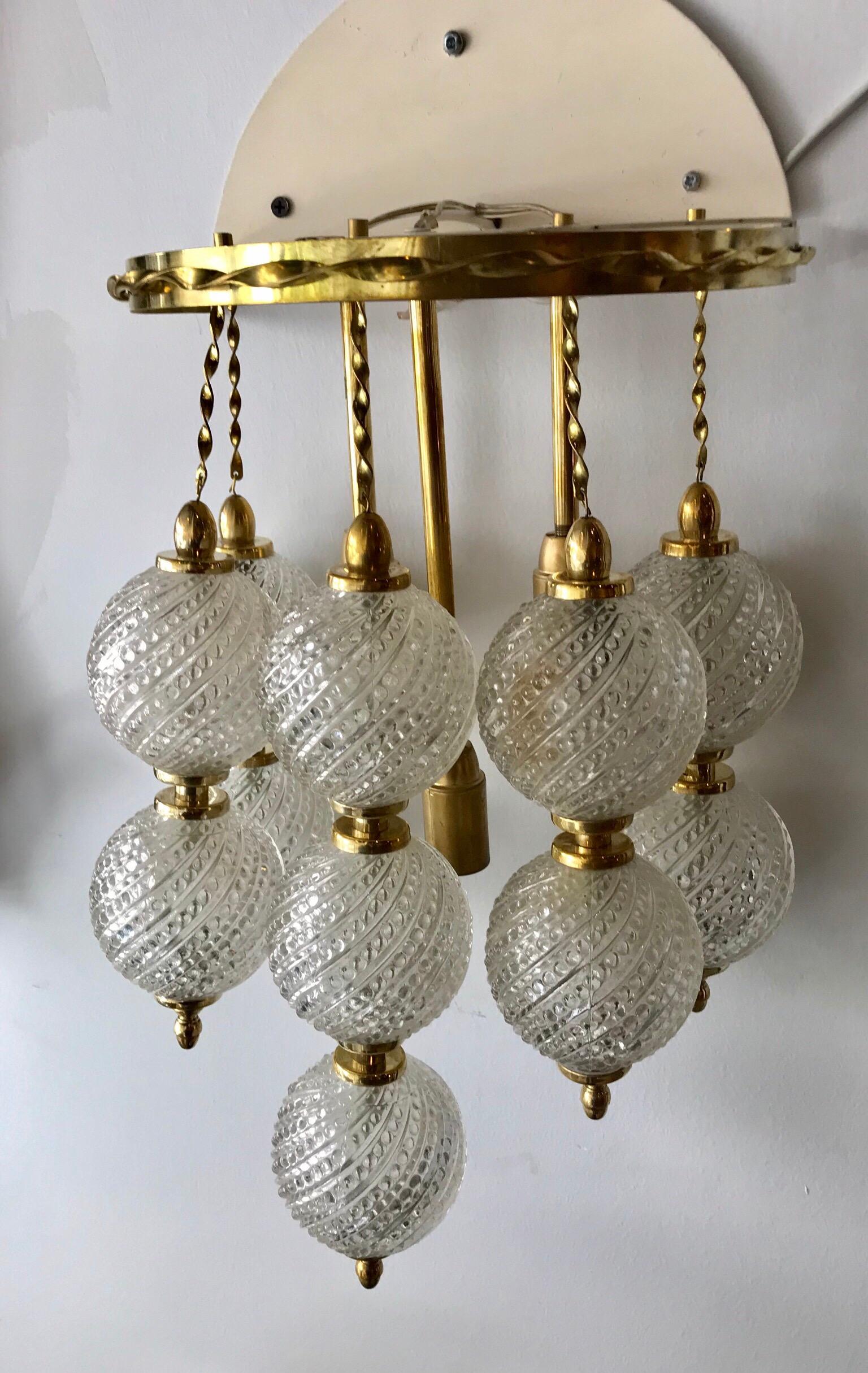20th Century Pair of Midcentury Italian Brass and Venini Glass Hotel Bed Side Sconces