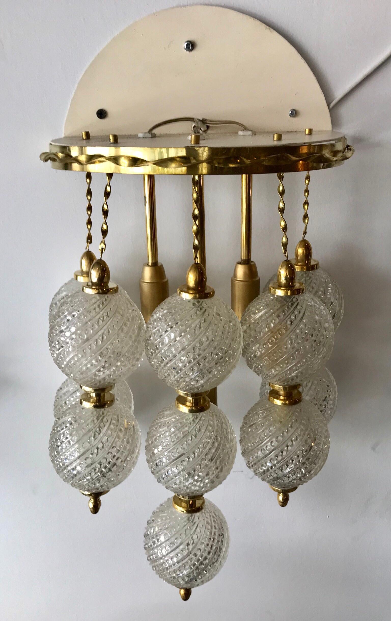 Pair of Midcentury Italian Brass and Venini Glass Hotel Bed Side Sconces 1