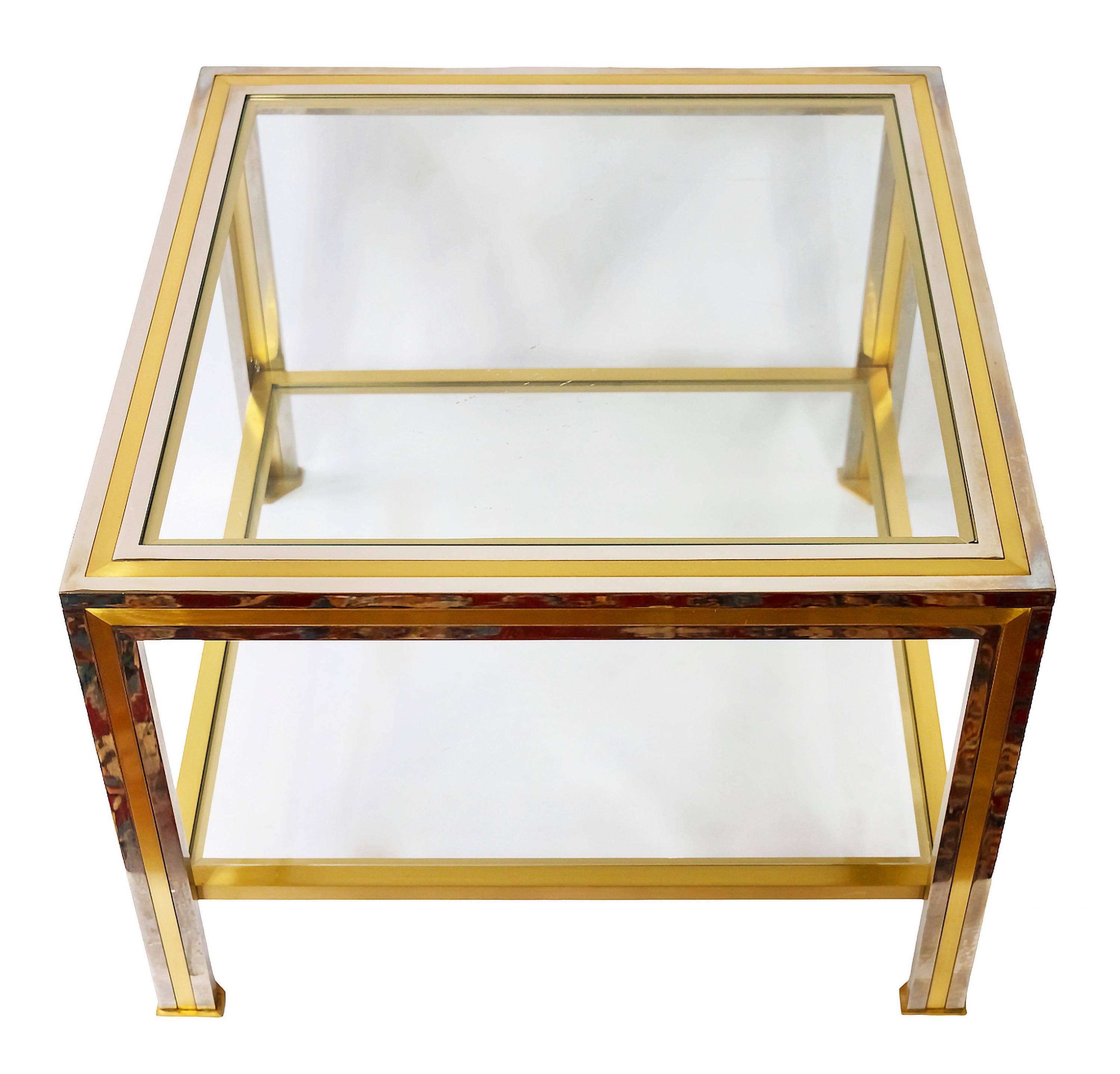 Mid-Century Modern Pair of Mid-Century Italian Brass, Chrome and Glass Top Side Tables For Sale