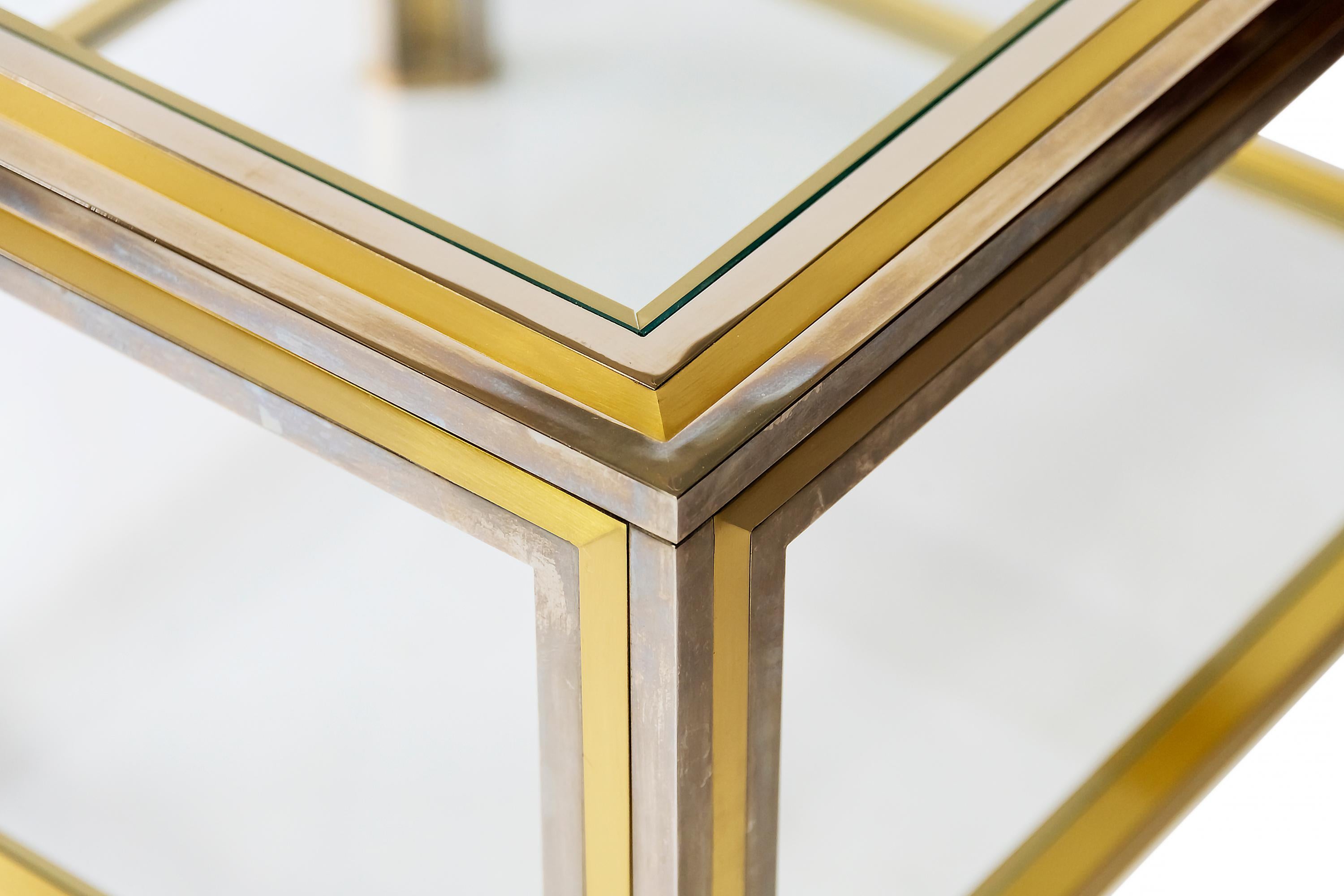 20th Century Pair of Mid-Century Italian Brass, Chrome and Glass Top Side Tables For Sale