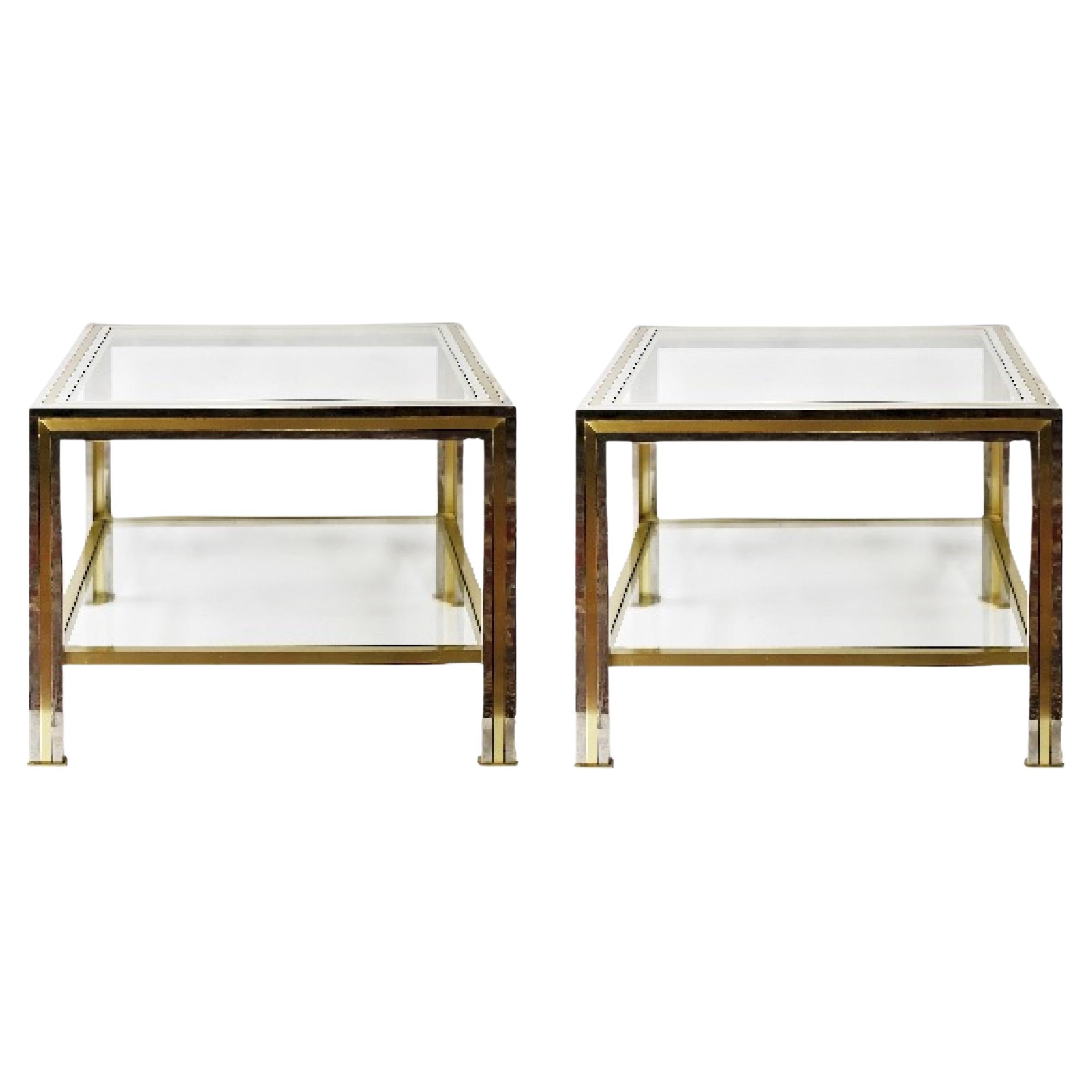 Pair of Mid-Century Italian Brass, Chrome and Glass Top Side Tables