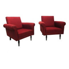 Retro Pair of Midcentury Italian Burgundy Lounge Armchairs Red Black