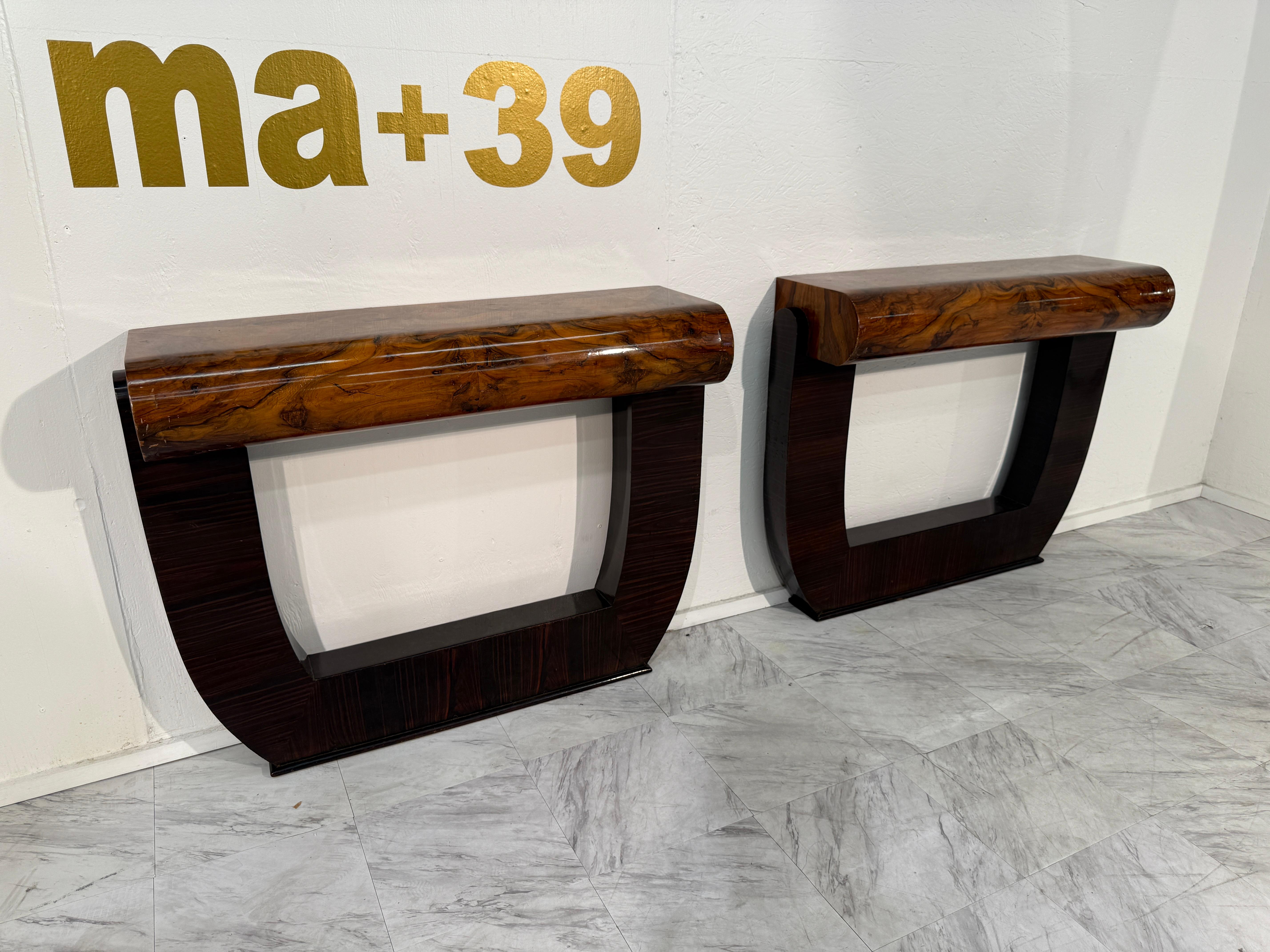Modern Pair of Mid-Century Italian Burl Wood Console Tables For Sale
