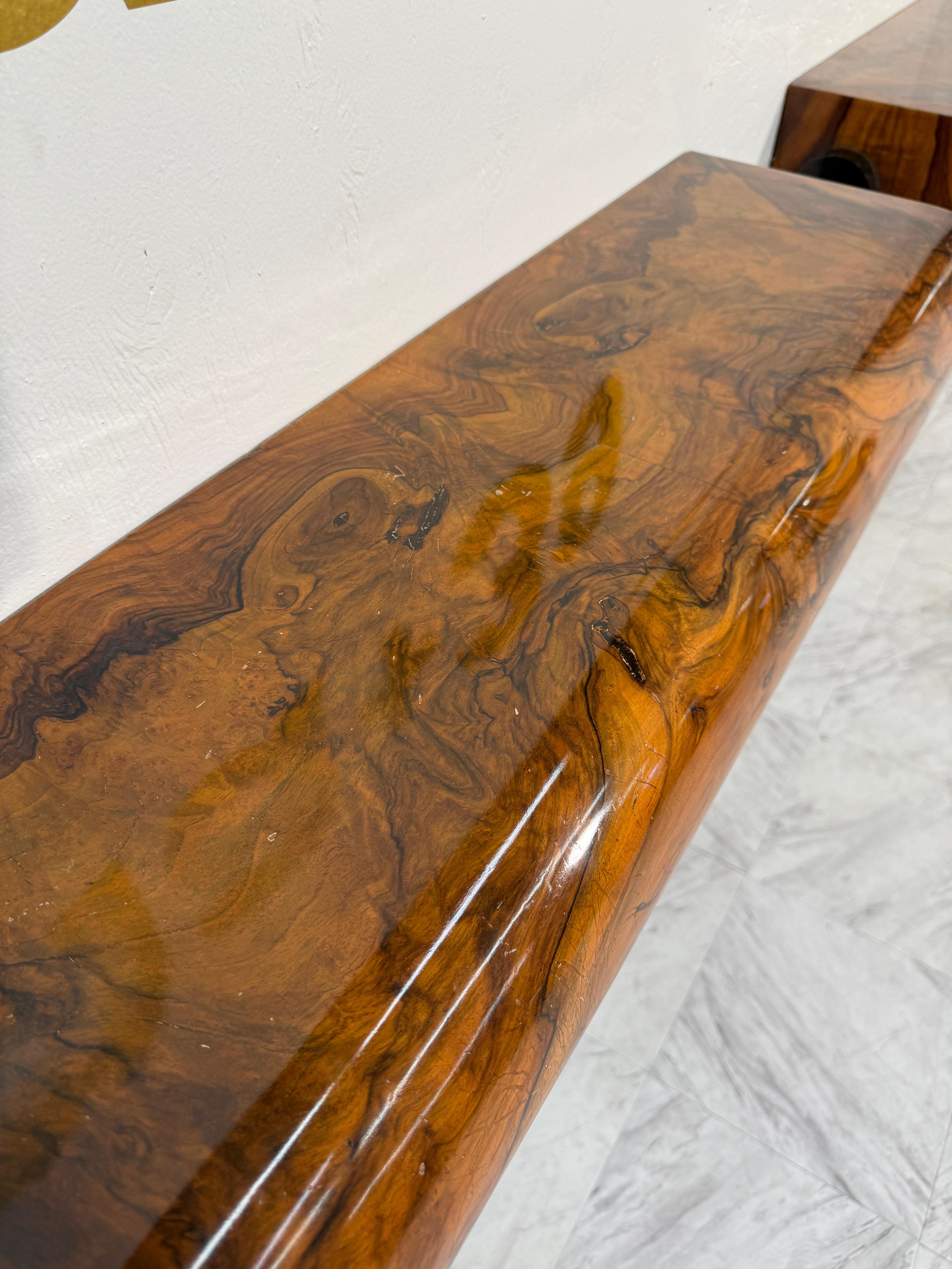 Pair of Mid-Century Italian Burl Wood Console Tables In Good Condition For Sale In Los Angeles, CA